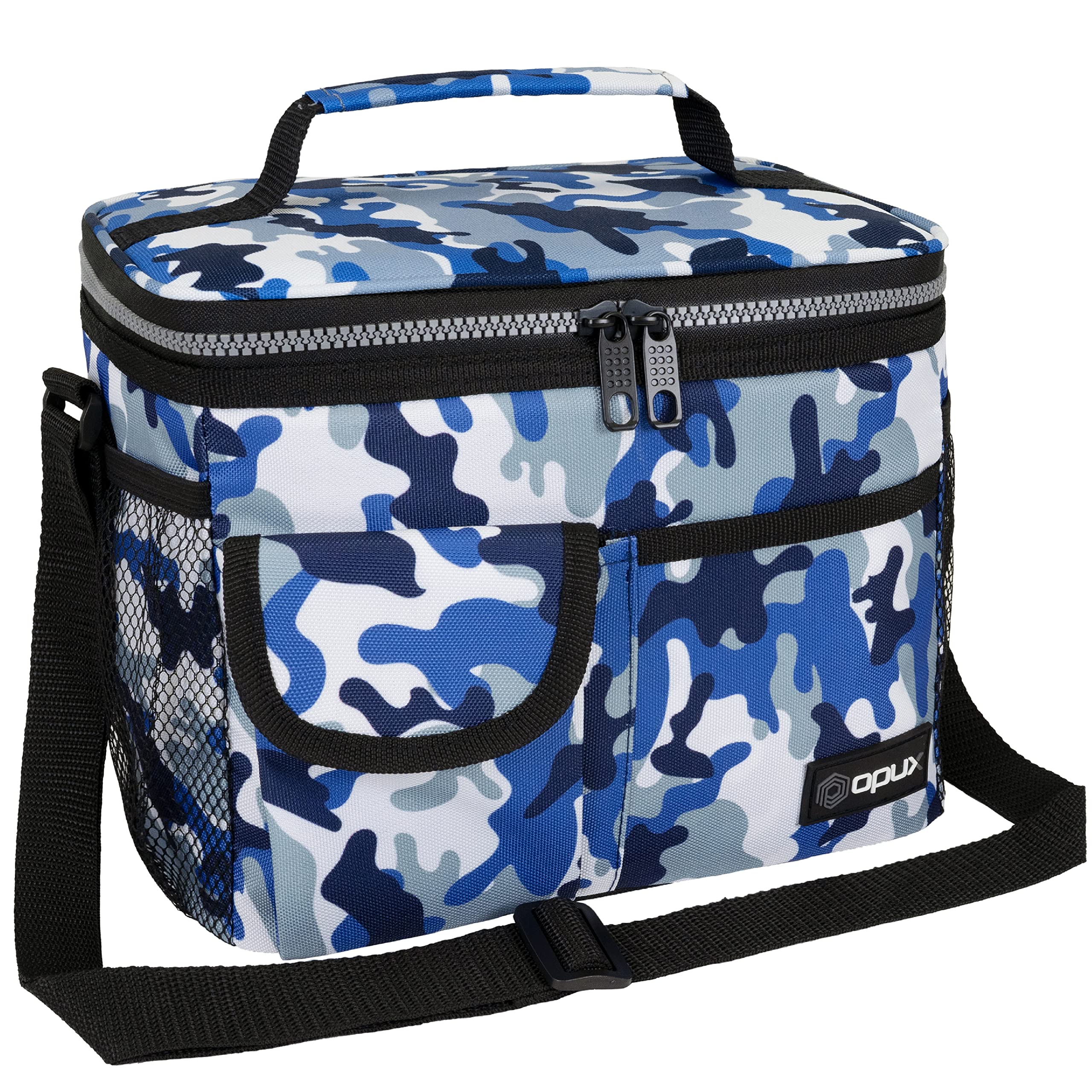 Opux Insulated Lunch Bag for Men & Women - Leakproof Camo Blue Lunch Box for Work, School & Picnics - Portable Soft Cooler Bag with Shoulder Strap - Adult & Kids Lunchbox Holds 14 Cans/8L - Perfect for Office, Hiking, Camping & Daily Commute