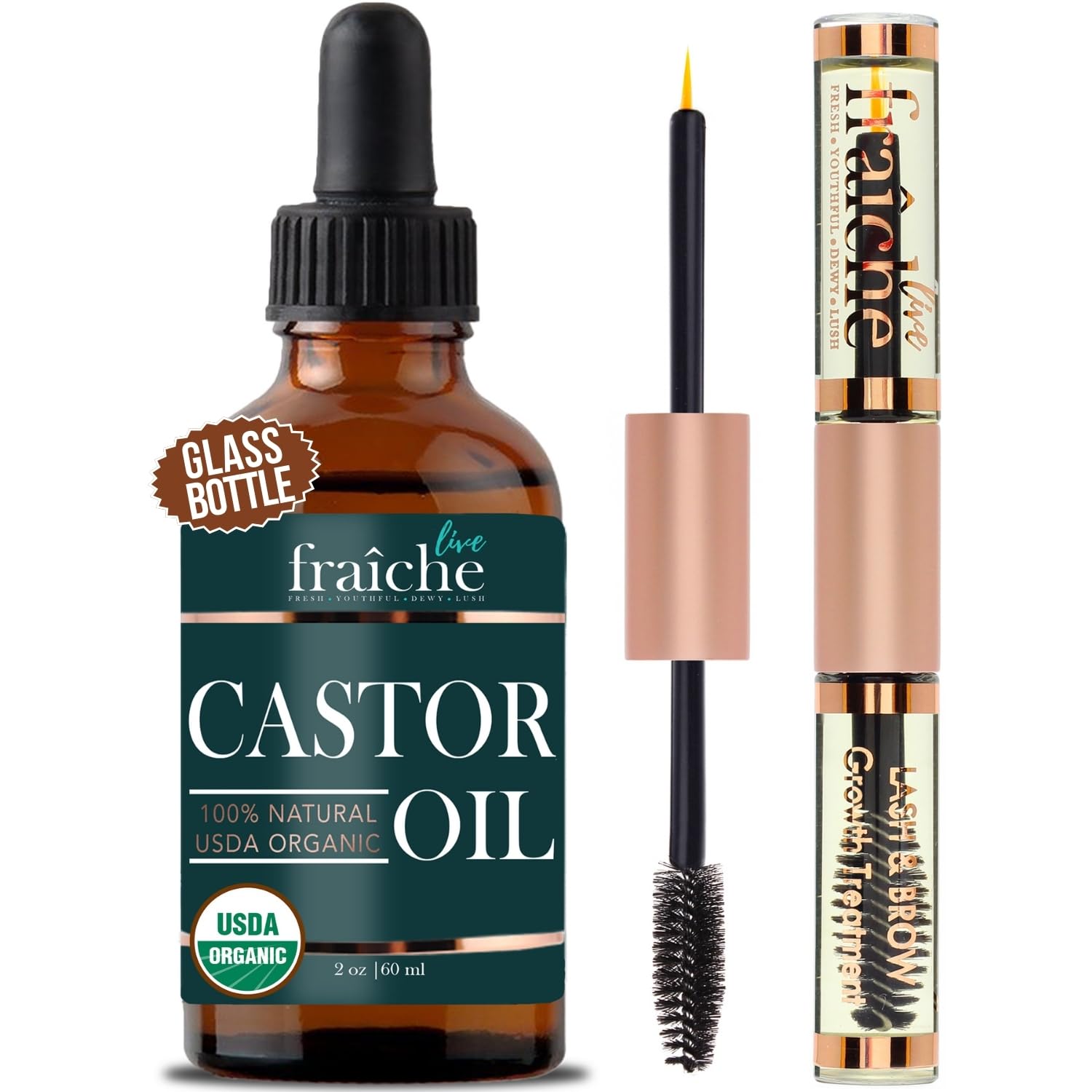 Organic Castor Oil for Eyelashes & Eyebrows Growth - 100% Pure Cold Pressed Hexane-Free (2oz) with Mascara Tube - USDA Certified by Live Fraiche - Natural Lash & Brow Serum for Thicker Hair - Perfect for Nighttime Treatment & Daily Conditioning