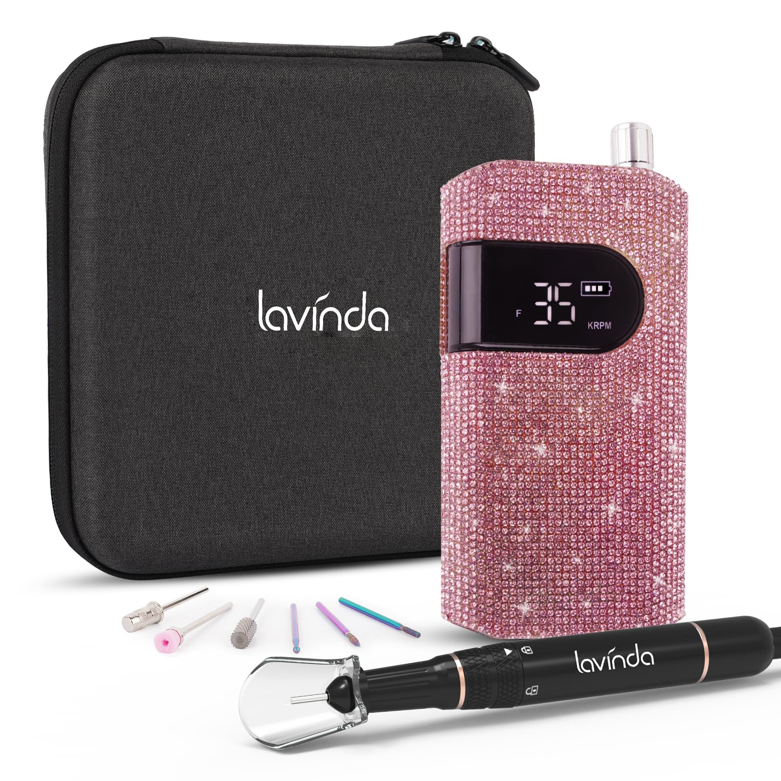 Lavinda 35000RPM Professional Cordless Nail Drill Machine - Electric Nail File Kit for Acrylic & Gel Nails, Portable Manicure Pedicure Tool with Coreless Motor (Diamond/Pink) | Perfect for Salon, Home & Travel Nail Care
