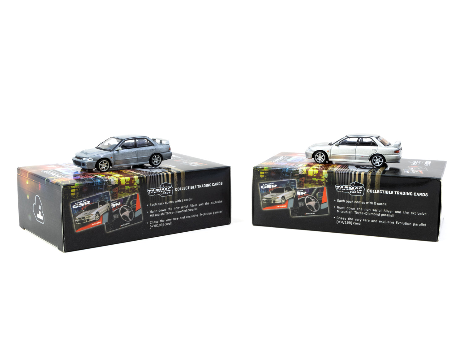 Tarmac Works 1/64 Scale Mitsubishi Lancer GSR Evolution Silver Special Edition Diecast Model Car with Tarmac Cards - Collectible Miniature for Display, Racing Enthusiasts & Diecast Collectors