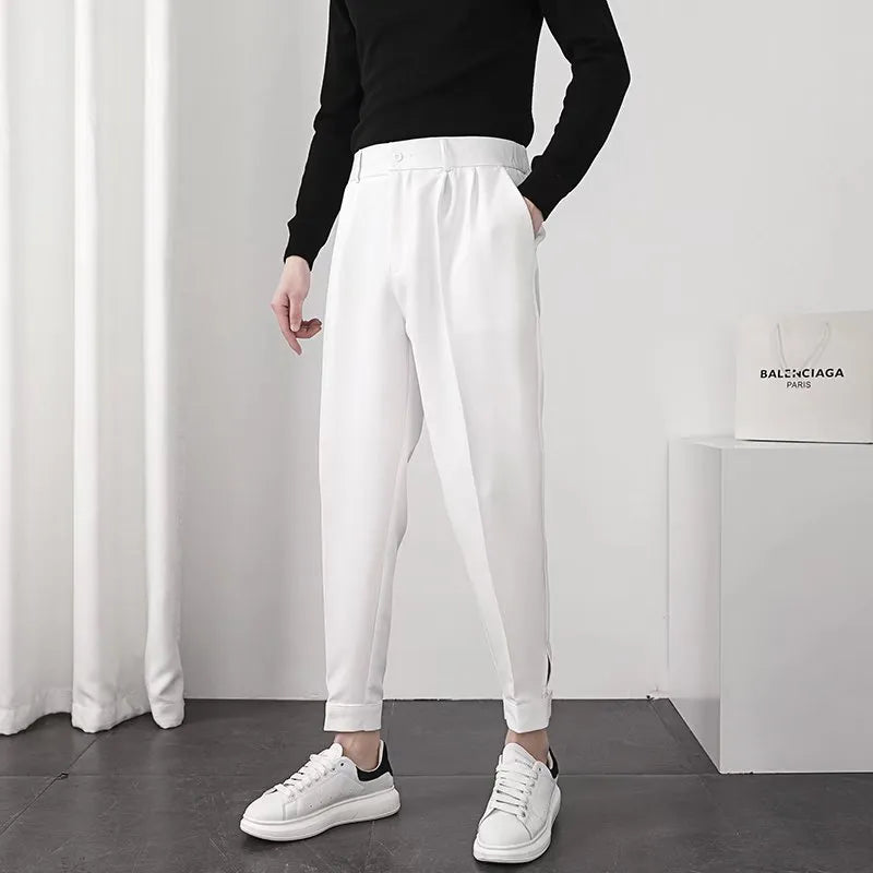 Stylish Men's Casual Elastic Waist Slim Fit Tapered Korean Blazer Pants - Streetwear Fashion for Work, Date Night & Everyday Wear