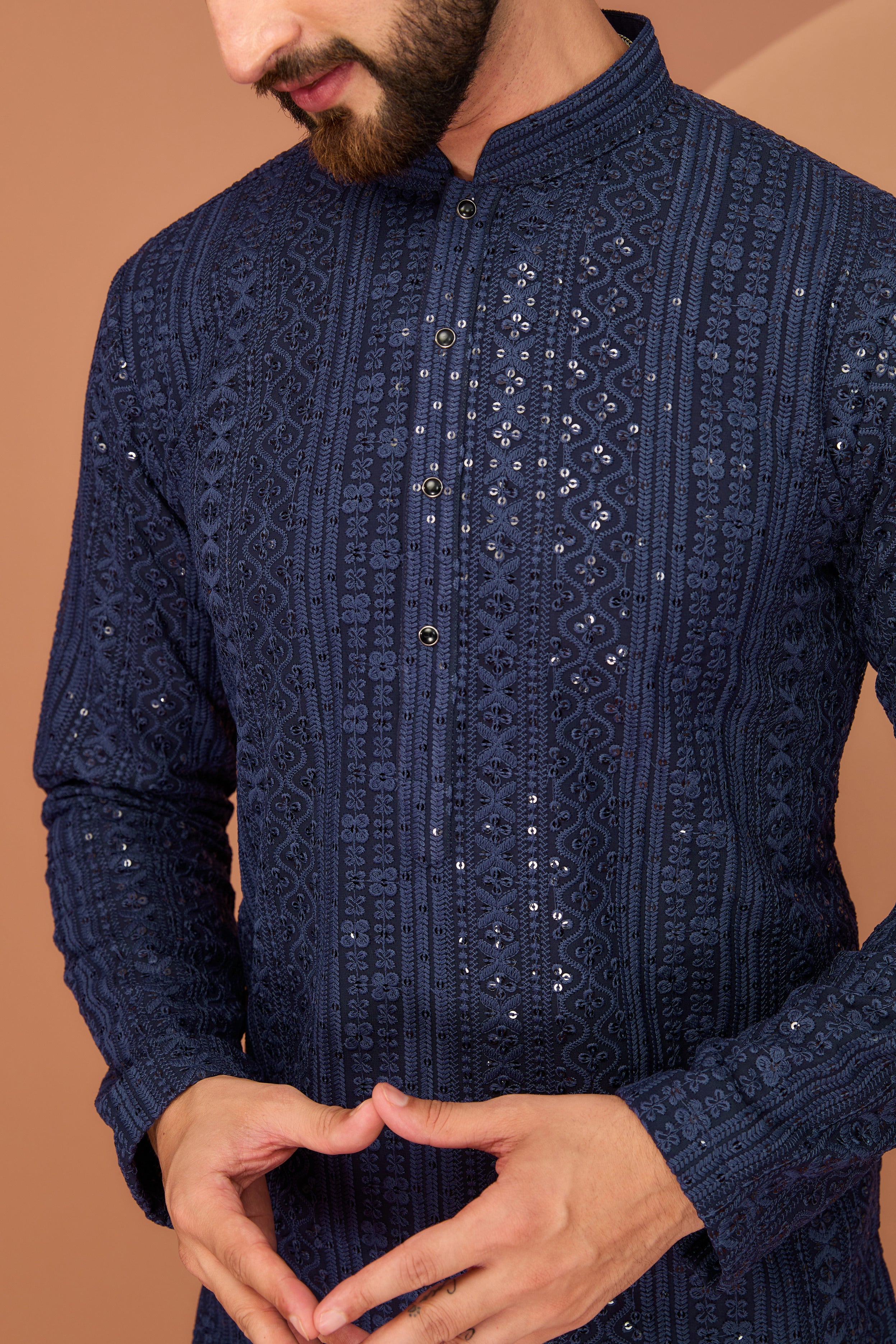 Elegant Navy Blue Chikankari Kurta with Intricate Thread & Sequin Embroidery - Perfect for Festivals, Weddings & Ethnic Occasions