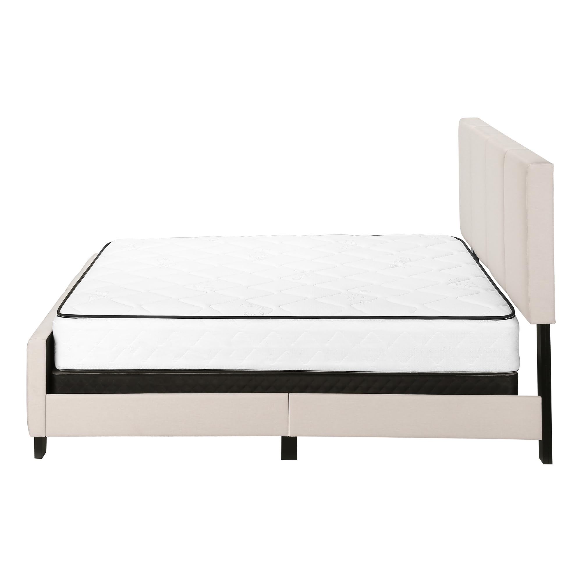 Monarch Specialties Queen Size Upholstered Platform Bed Frame - Beige & Black Linen Look for Modern & Transitional Bedrooms | Perfect for Master Bedroom, Guest Room & Apartment