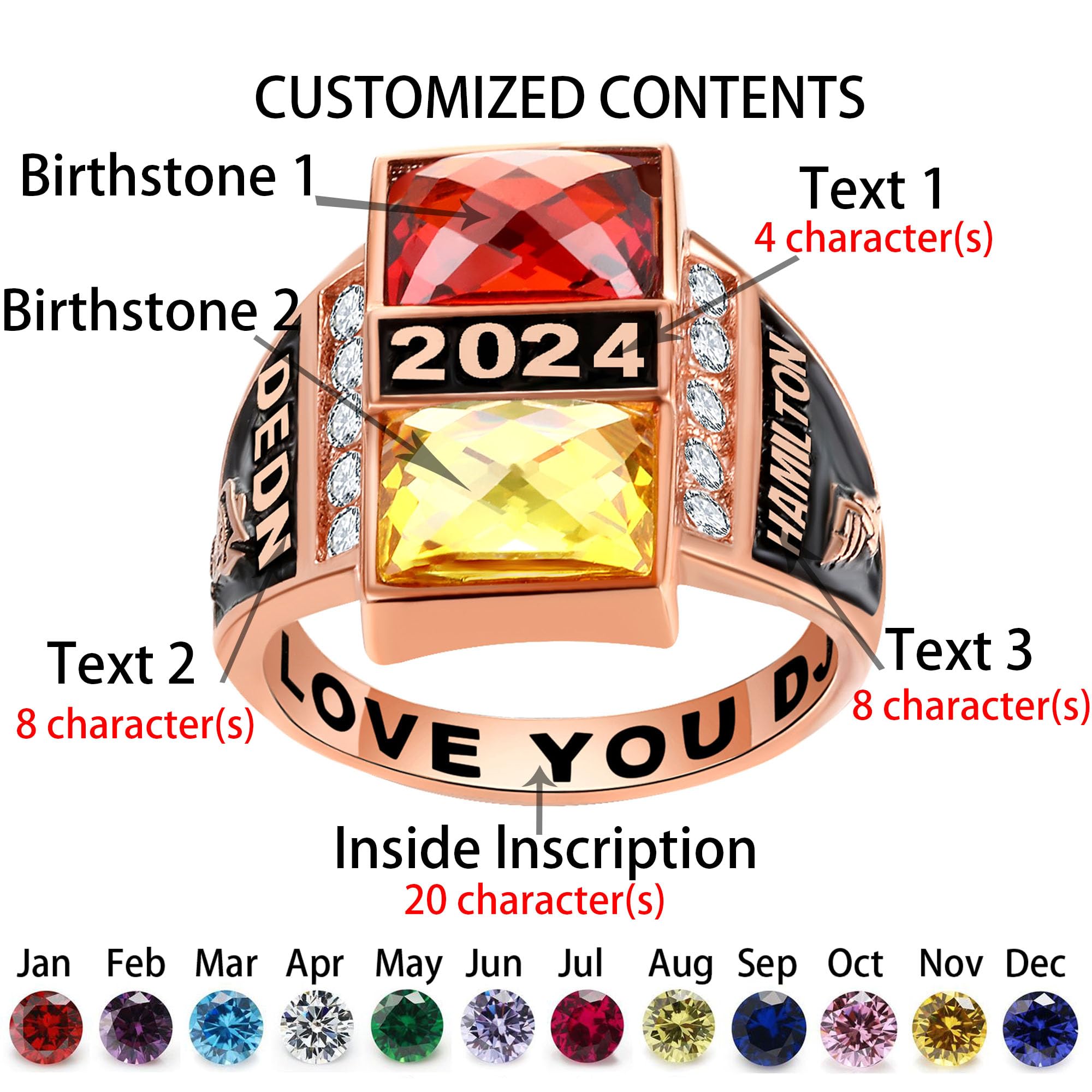 Custom Personalized Class Rings for Men - 925 Sterling Silver with Two Birthstones & Gold Plated - High School Graduation Rings Size 5-15 - Perfect for Graduation Gifts, Alumni Events & Special Occasions