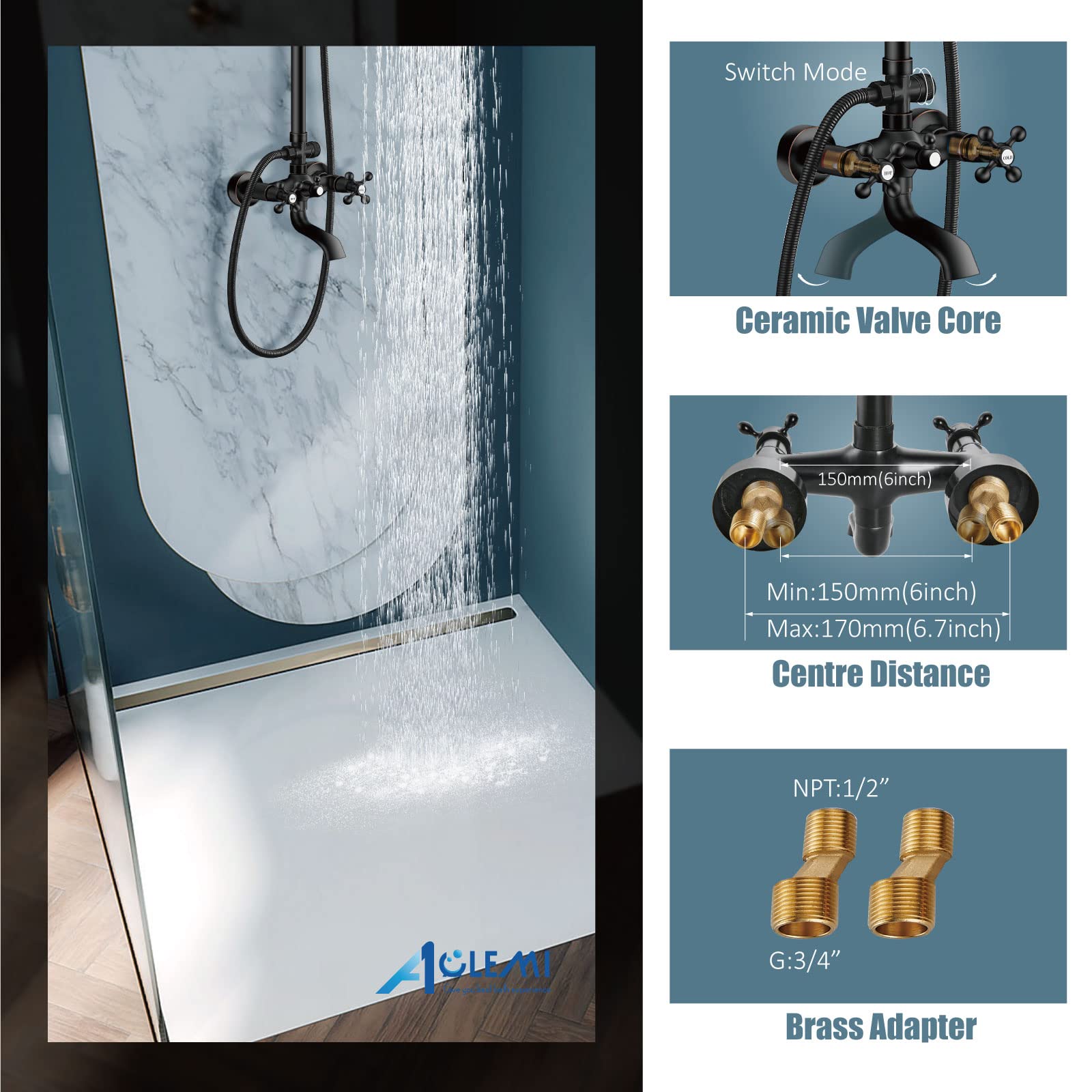 Aolemi Oil Rubbed Bronze Shower Faucet Set - 8 Inch Rainfall Shower Head with Mixer Valve, Cross Handle & Hand Spray for Bathtub | Bathroom Upgrade for Spa-Like Experience (Brass Construction, Easy Installation)