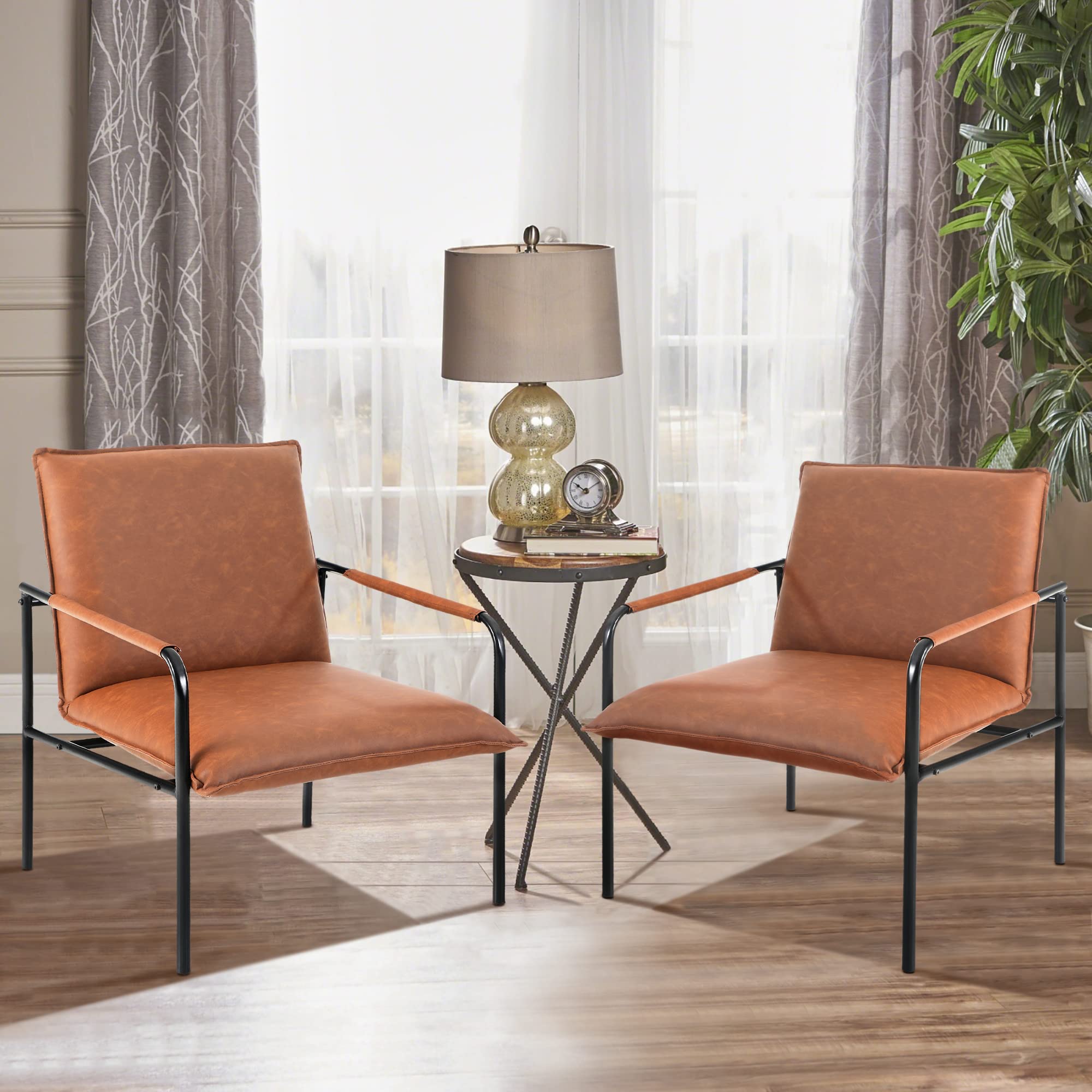MAISON ARTS Mid Century Modern Faux Leather Accent Lounge Chair - Retro Steel Frame Armchair for Living Room, Bedroom & Office - 350LBS Weight Capacity - Pale Brown - Perfect for Small Spaces, Reading Nooks & Cozy Home Decor