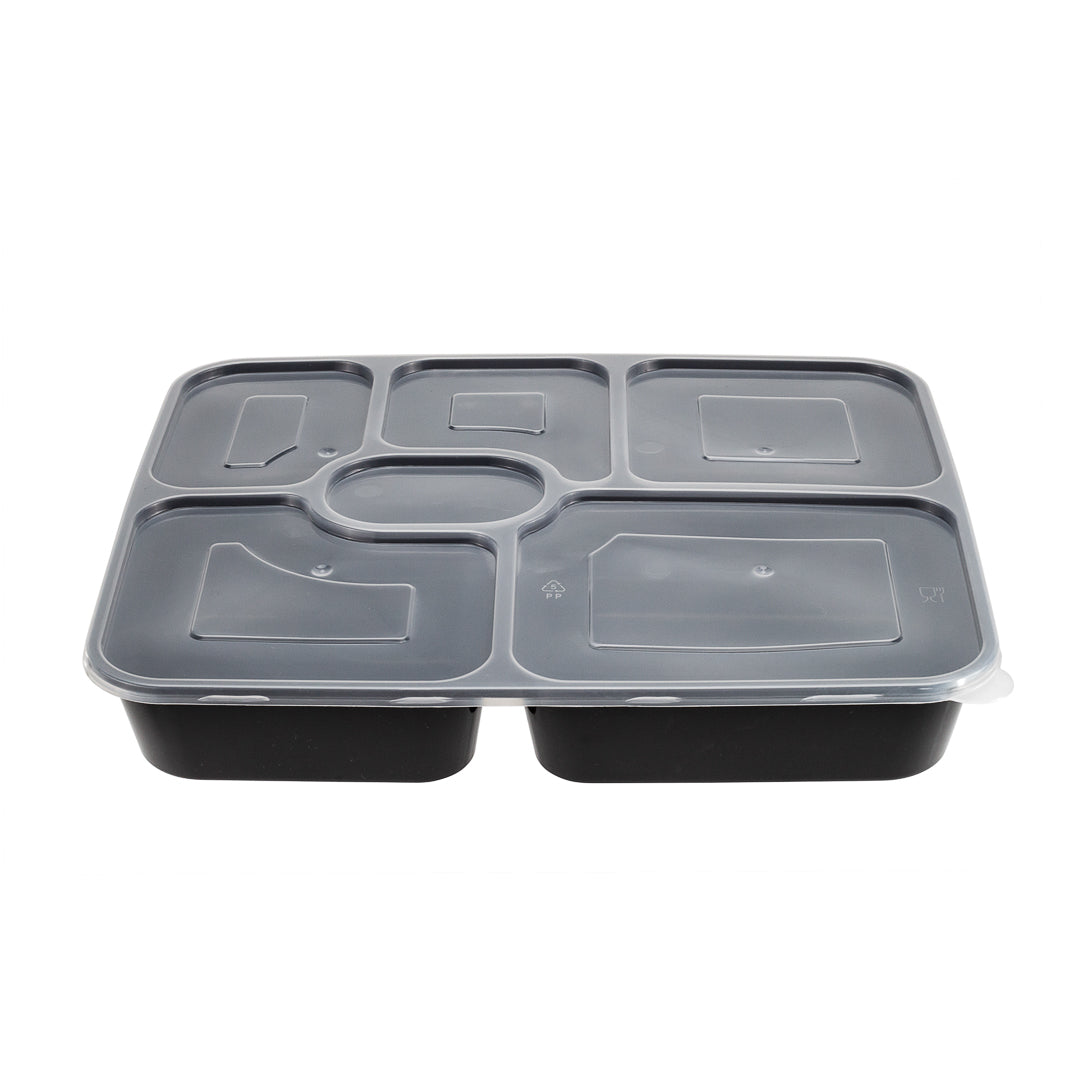 53 oz Black Plastic 6-Compartment Food Storage Container with Clear Lid - Microwave Safe (9.75