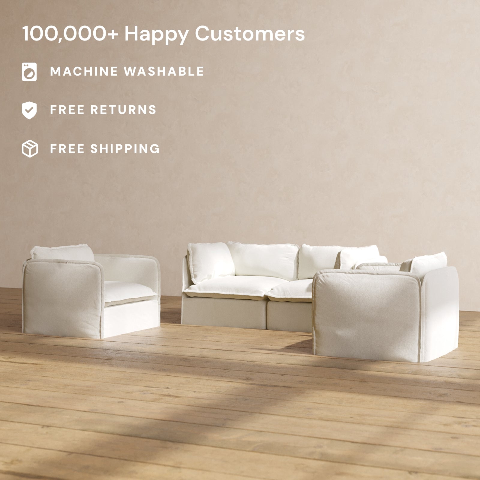 Modular Performance 2-Seater Sofa with Armchair Set in Eggshell White | Modern Living Room Furniture for Small Spaces | Perfect for Apartments, Condos and Cozy Home Decor