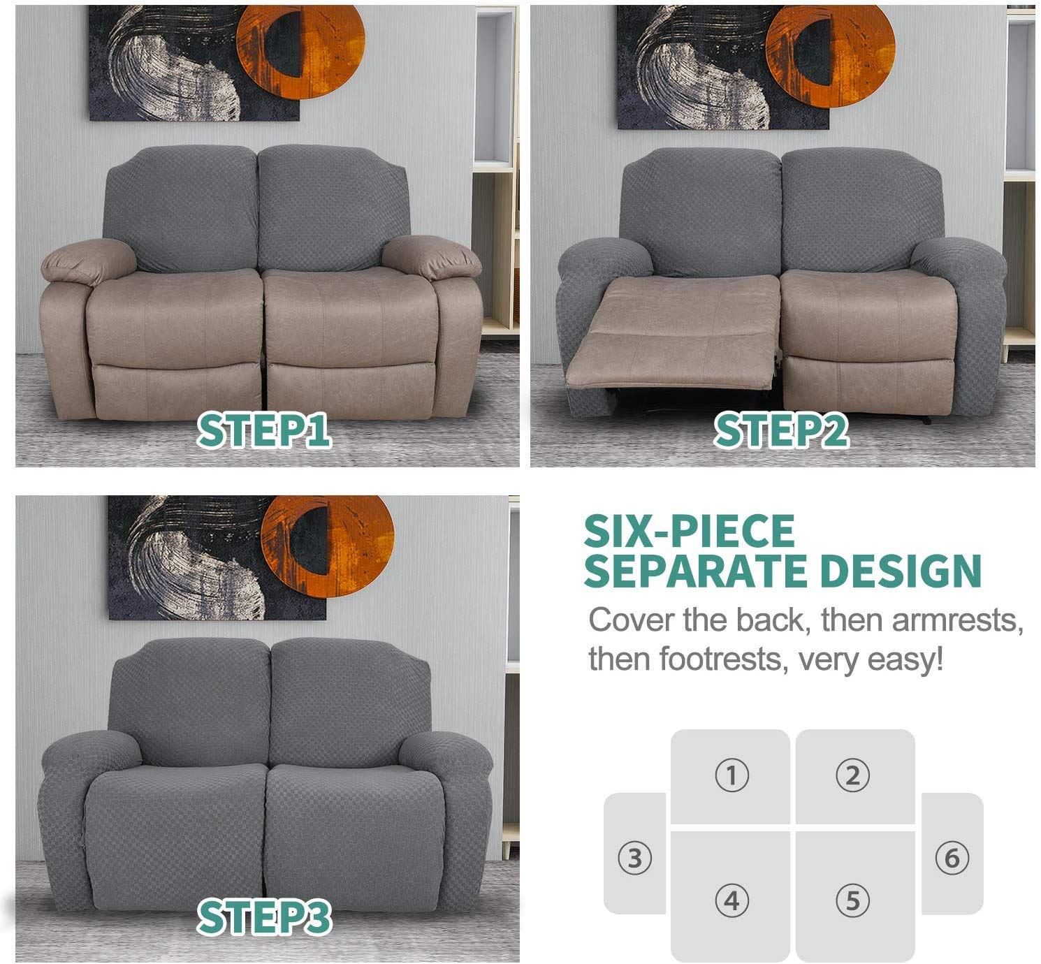 6-Piece Stretch Jacquard Recliner Sofa Slipcover with Side Pockets - Light Gray Elastic Bottom Furniture Protector for Loveseat & Reclining Couches | Perfect for Living Room, Home Theater & Family Room Protection