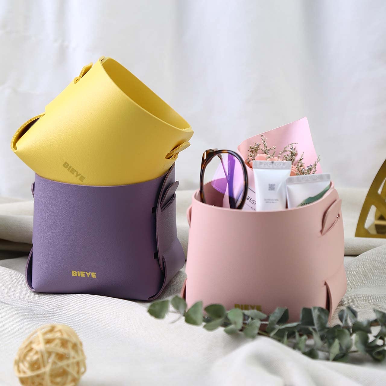 Bieye LSB001 Collapsible Leather Storage Bin - Pink Desk Organizer for Jewelry, Makeup, Pens, Pencils & Glasses - 4