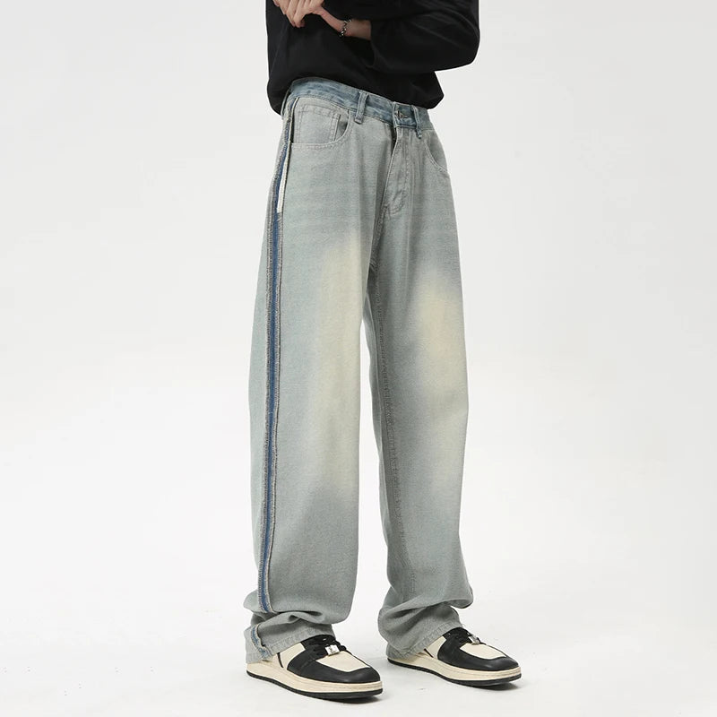 Trendy American Style Men's Loose Fit Zipper Stripe Wide Leg Washed Denim Jeans - High Street Fashion Summer Pants (Style 9C6088) | Perfect for Casual Outings, Streetwear Looks & Summer Fashion