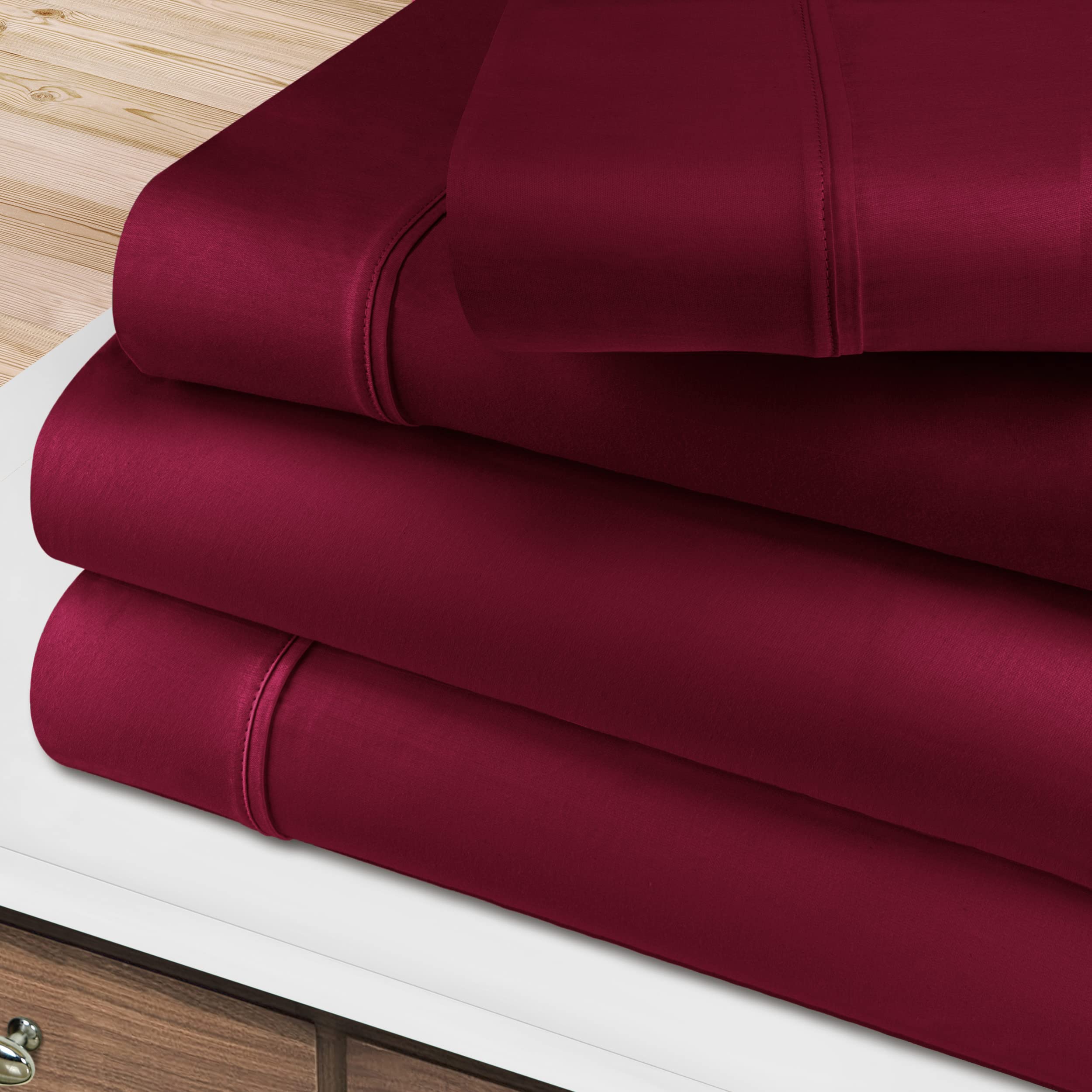 Premium 400 Thread Count Egyptian Cotton Bed Sheet Set - 1 Deep Pocket Fitted Sheet, 1 Flat Sheet & 2 Pillowcases - Ultra Soft Luxury Sateen Weave Bedding - Olympic Queen Size Burgundy - Perfect for Master Bedrooms, Guest Rooms & Luxury Hotels