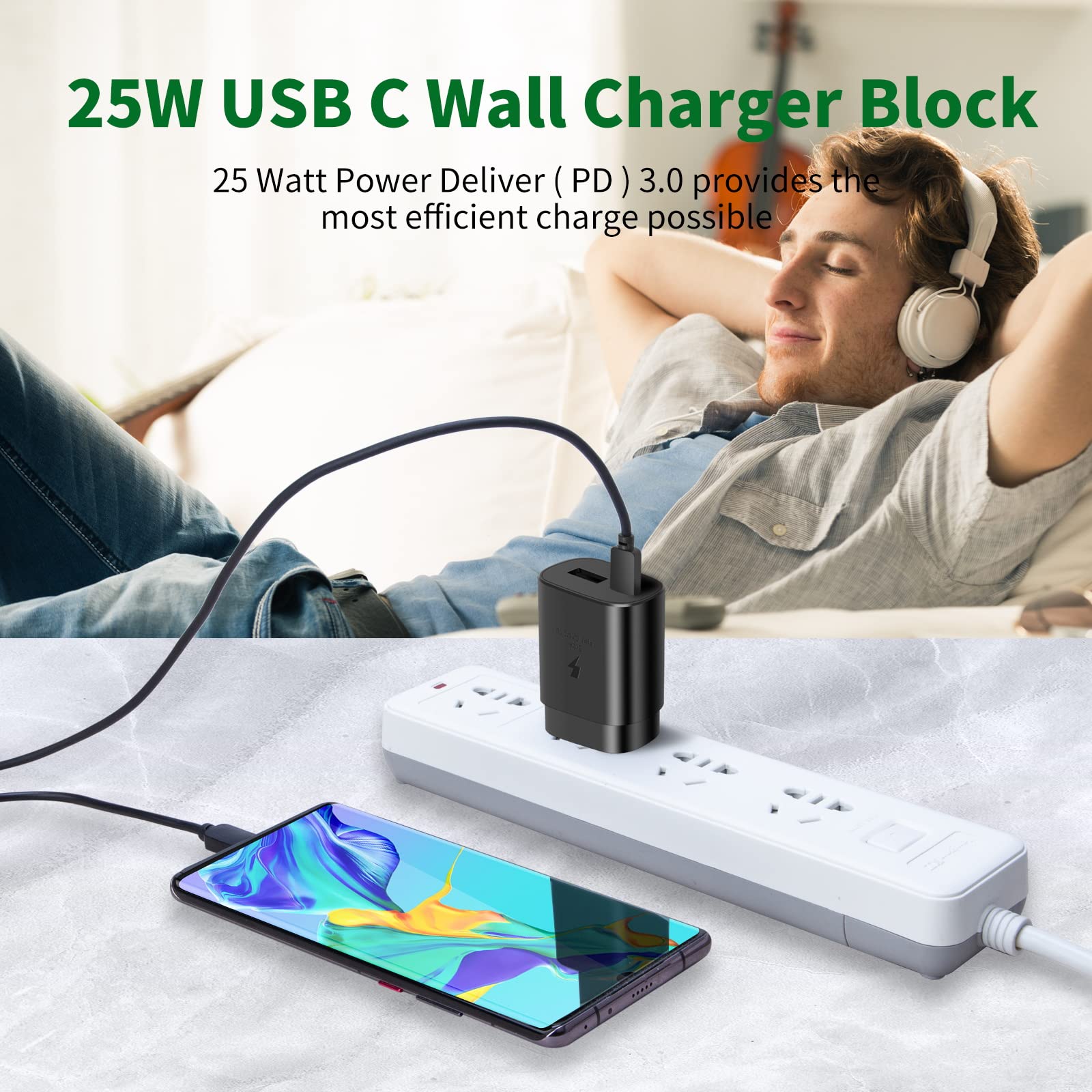25W USB-C Fast Charger with 6.6Ft Cable - 2 Pack, Compatible with Samsung Galaxy S22/S21/S20/Note 20/10 Series - Quick Charge for Phones, Tablets & More - Perfect for Home, Office & Travel Use