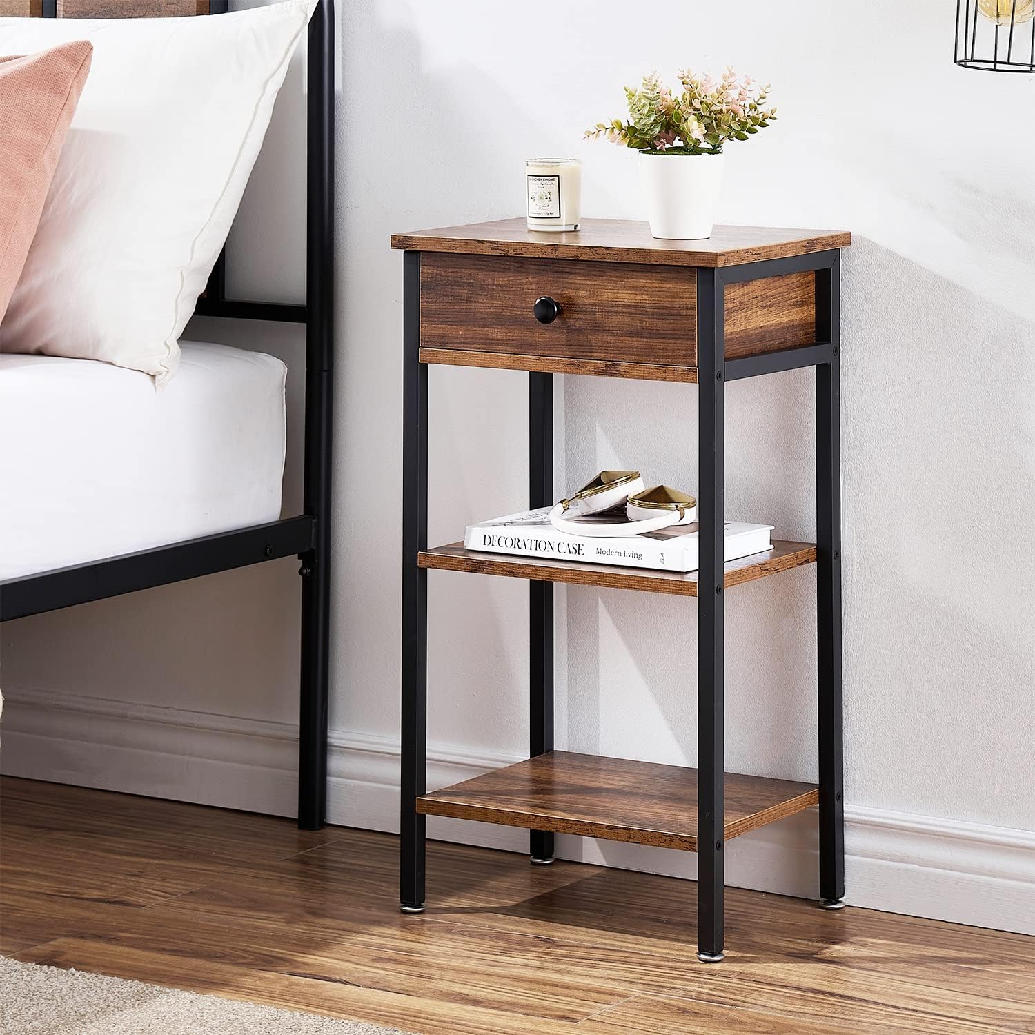 VECELO 2-Piece Tall End Table with Adjustable Shelf & Drawer - Nightstand for Small Spaces, Living Room & Bedroom Furniture - Brown Wood Side Table (Perfect for Studio Apartments, Dorm Rooms & Cozy Bedside Storage)