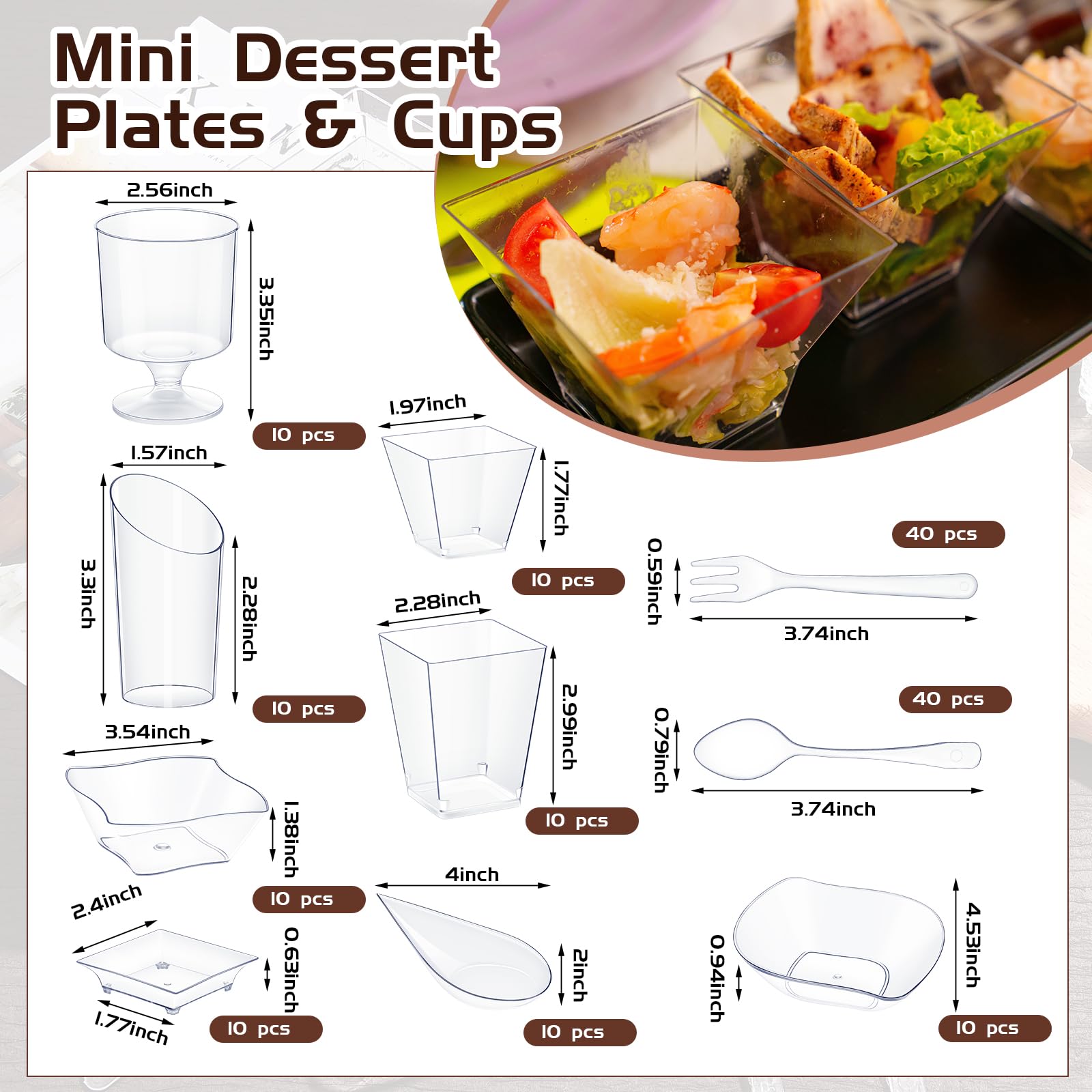 160-Piece Mini Clear Plastic Appetizer Plates & Dessert Cups Set with Spoons & Forks - Disposable Party Serving Supplies for Weddings, Birthdays, Catering (Assorted Shapes)