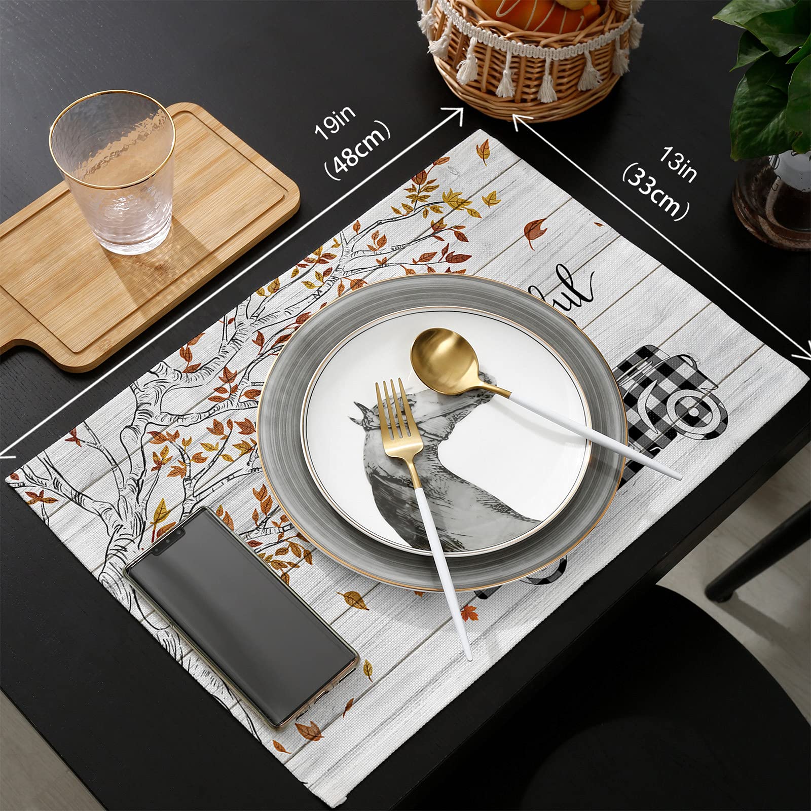 Savannan Burlap Thanksgiving Table Set - 6 Rustic Plaid Placemats & 1 Farmhouse Table Runner for Holiday Decor (Black/Tan Turkey Maple Leaf Design) - Perfect for Fall Gatherings, Dinner Parties & Autumn Home Decoration