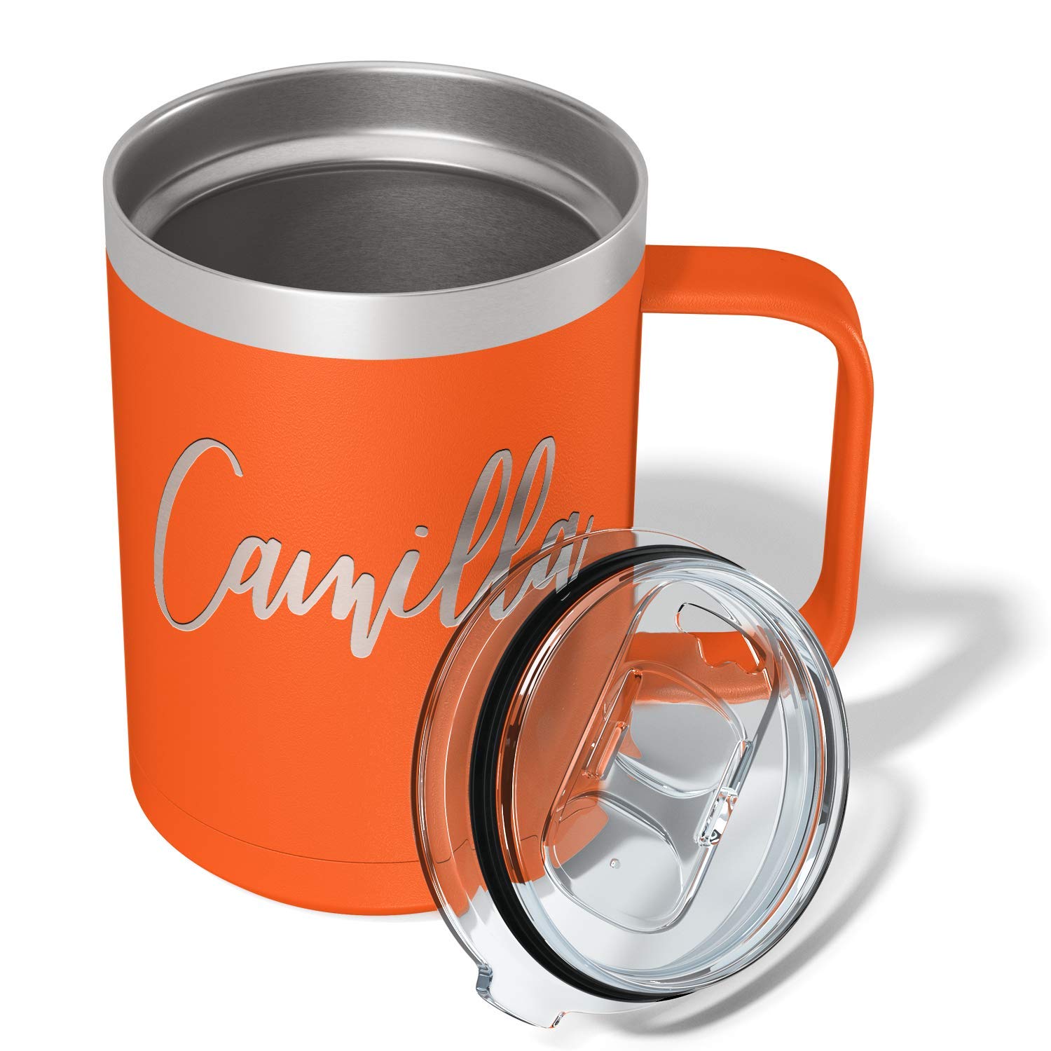 Custom Engraved 15 oz Orange Matte Stainless Steel Vacuum Insulated Coffee Mug - Personalized Gift with Handle for Office, Travel & Home Use
