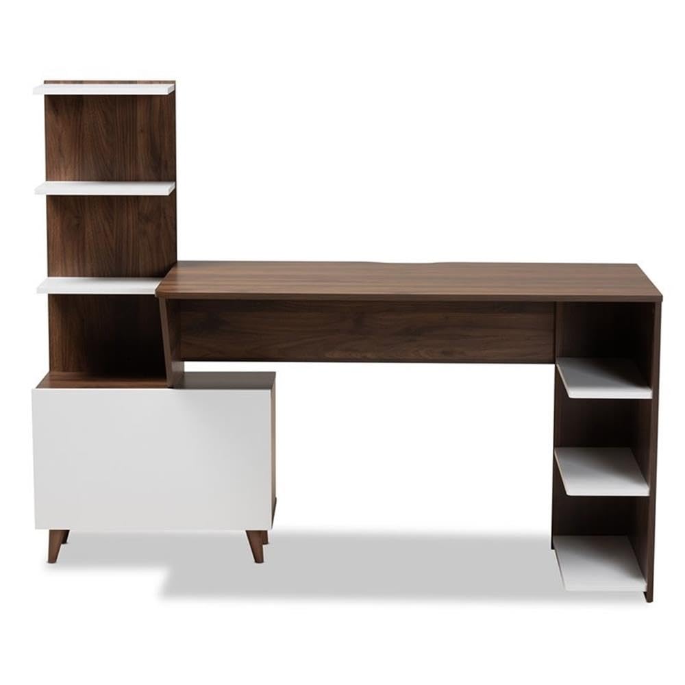 BOWERY HILL White & Brown Wooden Computer Desk with Storage Shelves - Perfect for Home Office, Study Room & Small Spaces