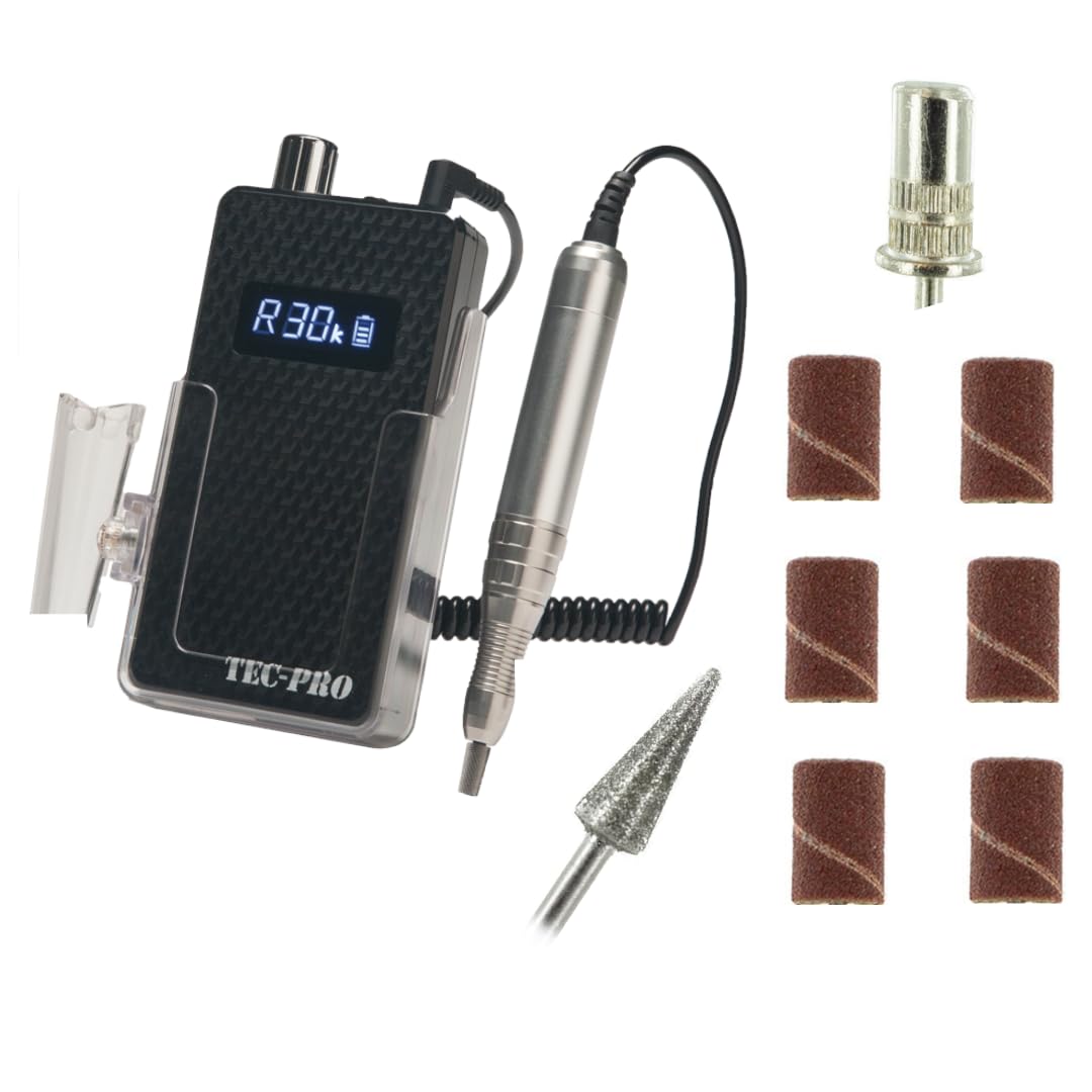 Tec-Pro Portable & Rechargeable Nail Drill for Professional Manicures & Pedicures | Cordless Nail File Machine with 6 Bits | Perfect for Home, Salon & Travel Use | TEC-PRO-BLK