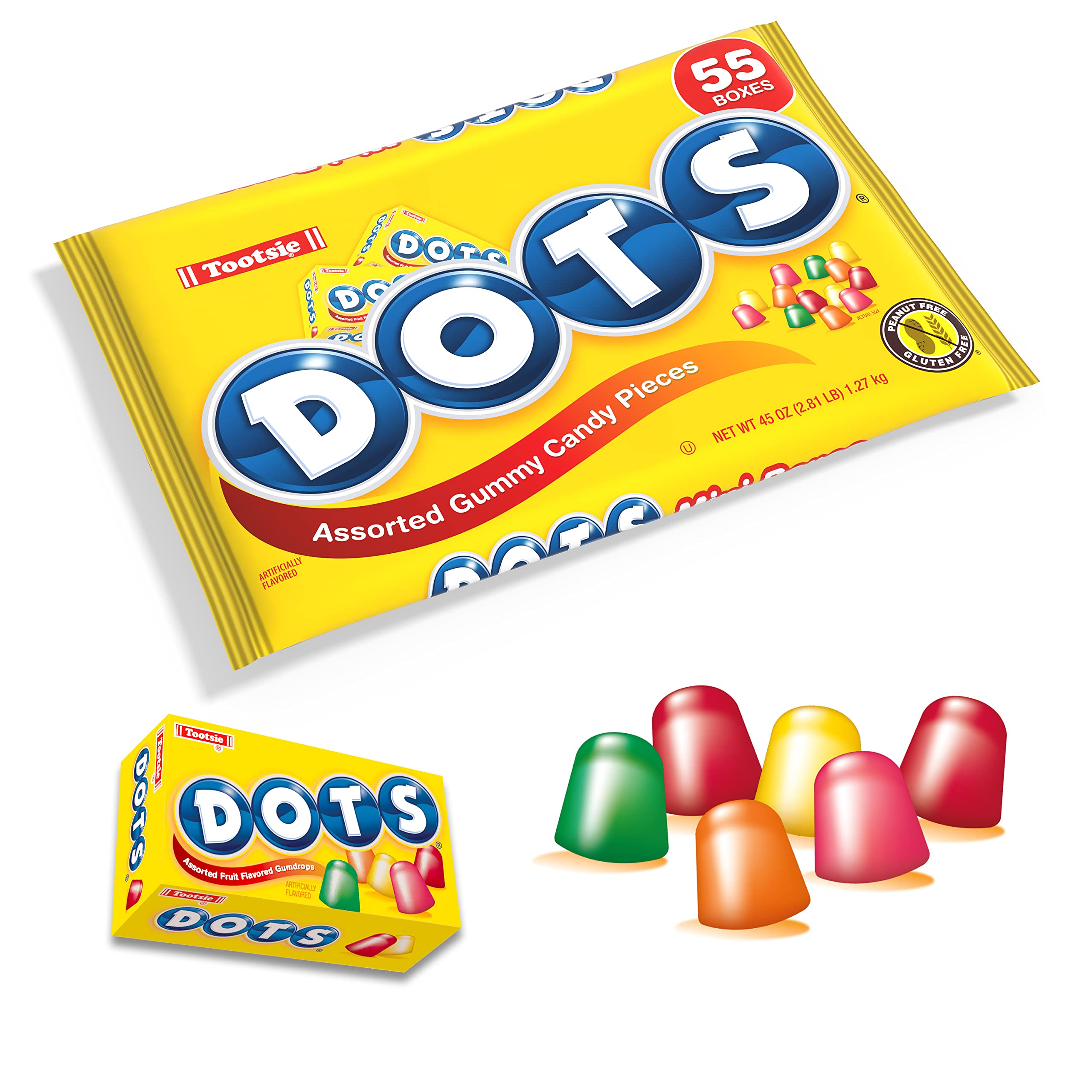 DOTS Original Gummy Candy - 55ct Individually Wrapped Mini Candy Box (Cherry, Lime, Orange, Lemon & Strawberry Flavors) - Gluten Free, Kosher, Peanut Free Gumdrops - Perfect for Halloween, Party Favors & Office Snacks