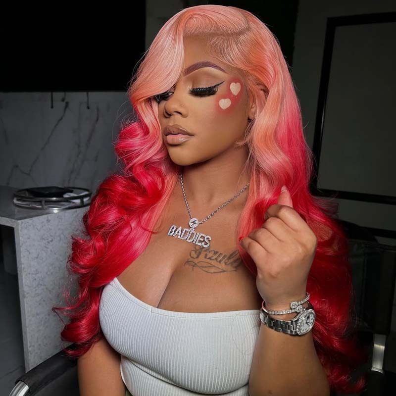 Eullair Ombre Pink Red Body Wave Lace Front Wig - 2-Tone Human Hair Lace Wig for Women | Natural Look for Parties, Cosplay & Daily Wear