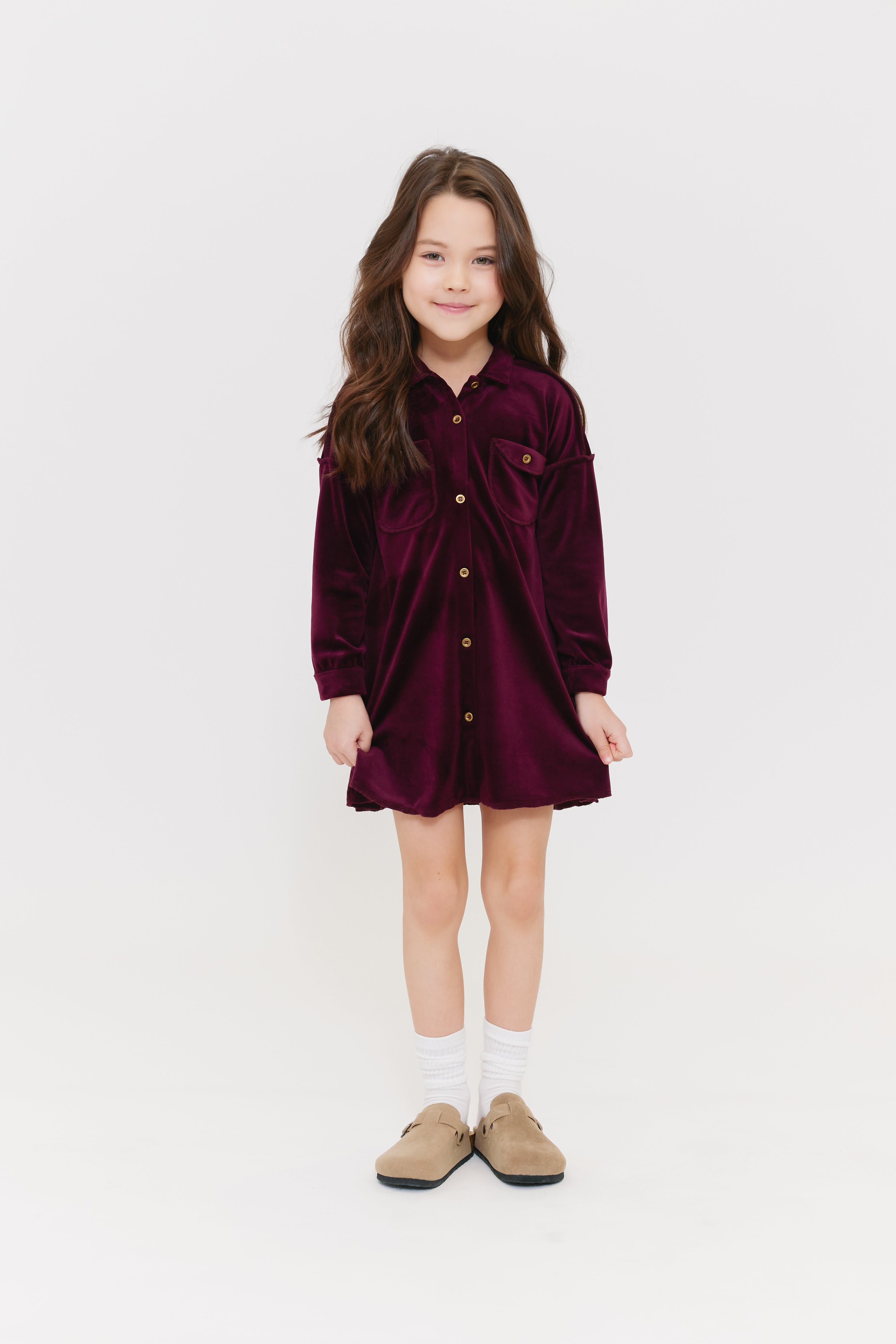 Kids Wine Velour Shirt Dress - Soft & Stylish Crew Neck Outfit for Girls | Perfect for Parties, School & Special Occasions
