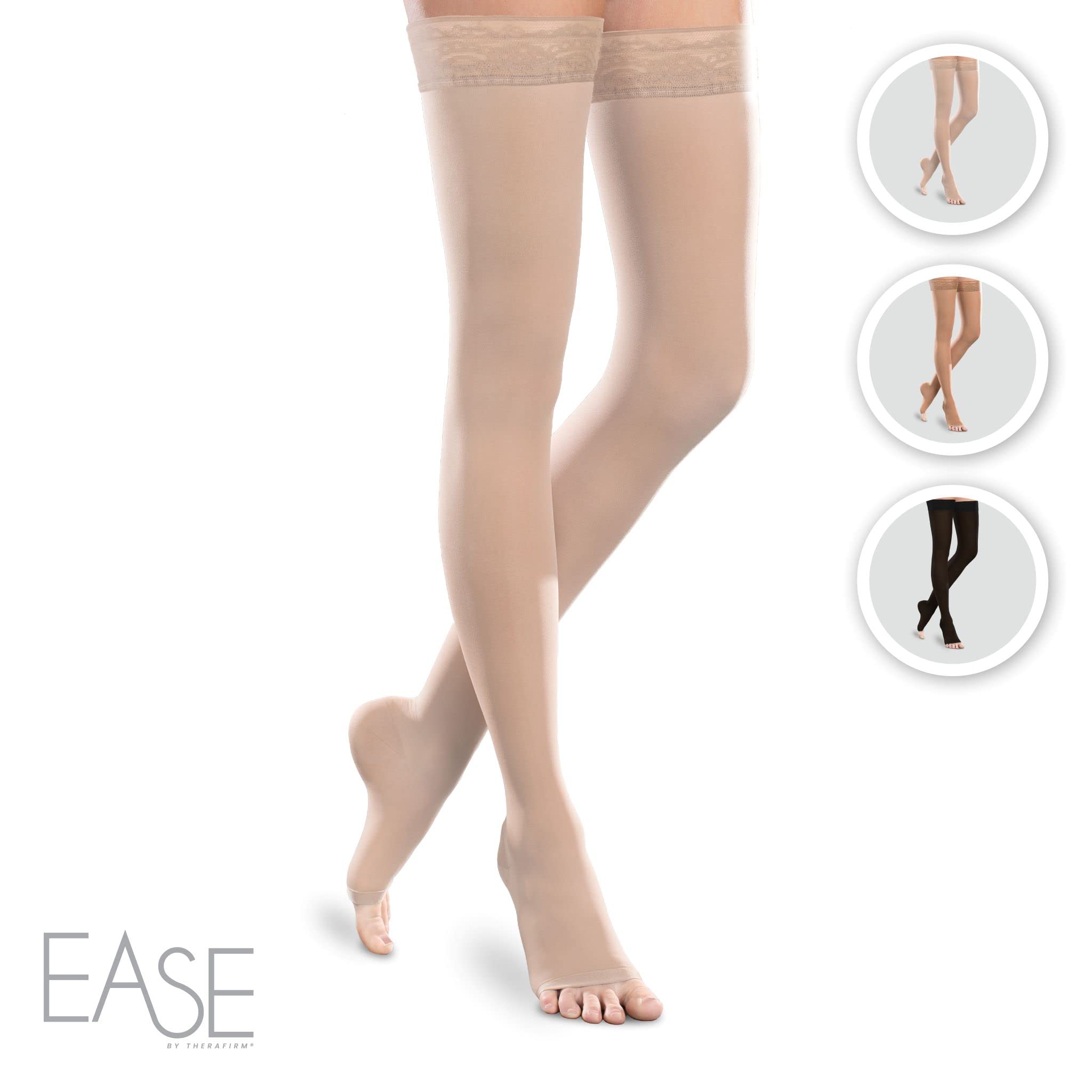 Sheer Ease Women's Open-Toe Thigh High Stockings - 15-20mmHg Mild Compression Nylons for Varicose Veins Relief & Comfort - Perfect for Work, Travel, and Everyday Wear