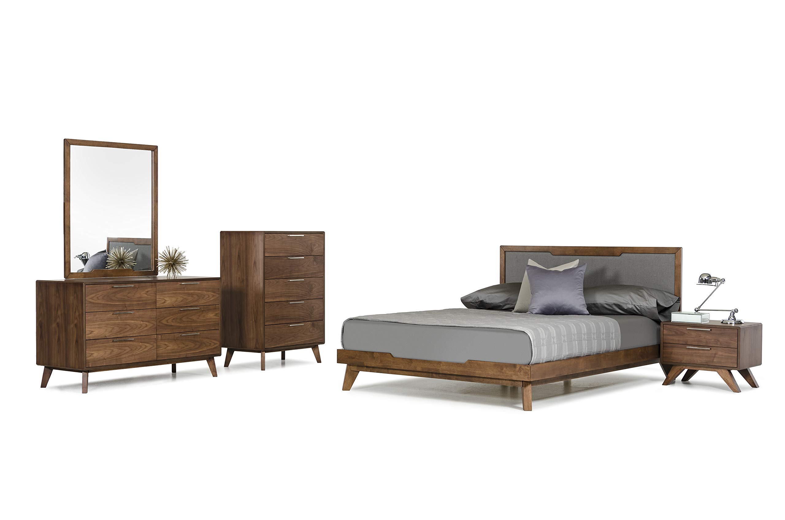 Mid-Century Modern Bedroom Set - Queen Size Grey Walnut Veneer Bed with Fabric Headboard, Dresser, Mirror & 2 Nightstands with Stainless Steel Handles | Vintage Inspired Bedroom Furniture for Master Bedroom, Guest Room or Apartment Decor