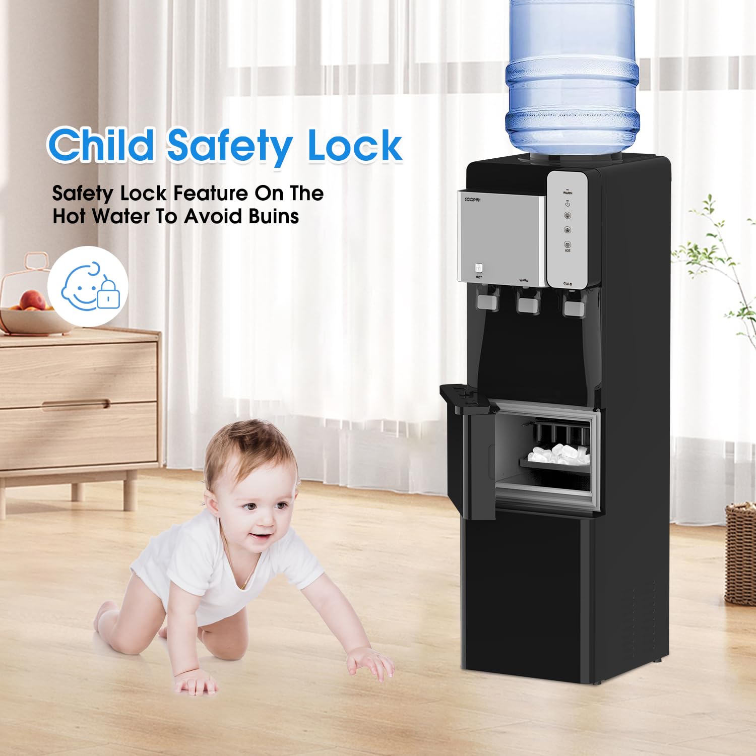 Premium 5-Gallon Top Load Water Cooler Dispenser - Hot, Cold & Ice Maker with Child Safety Lock | Ideal for Home, Office & Schools | Energy Efficient & Space Saving Design