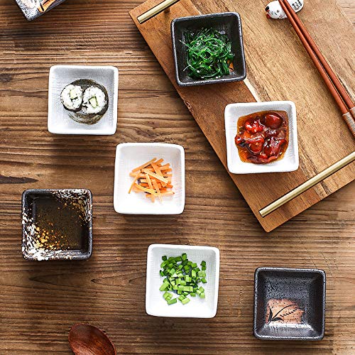 Japanese Style Square Porcelain Side Dish Bowls - Black & White / Black & Brown (Set of 4) - Perfect for Soy Sauce, Dipping Sauces, Seasonings, Sushi, and Asian Cuisine