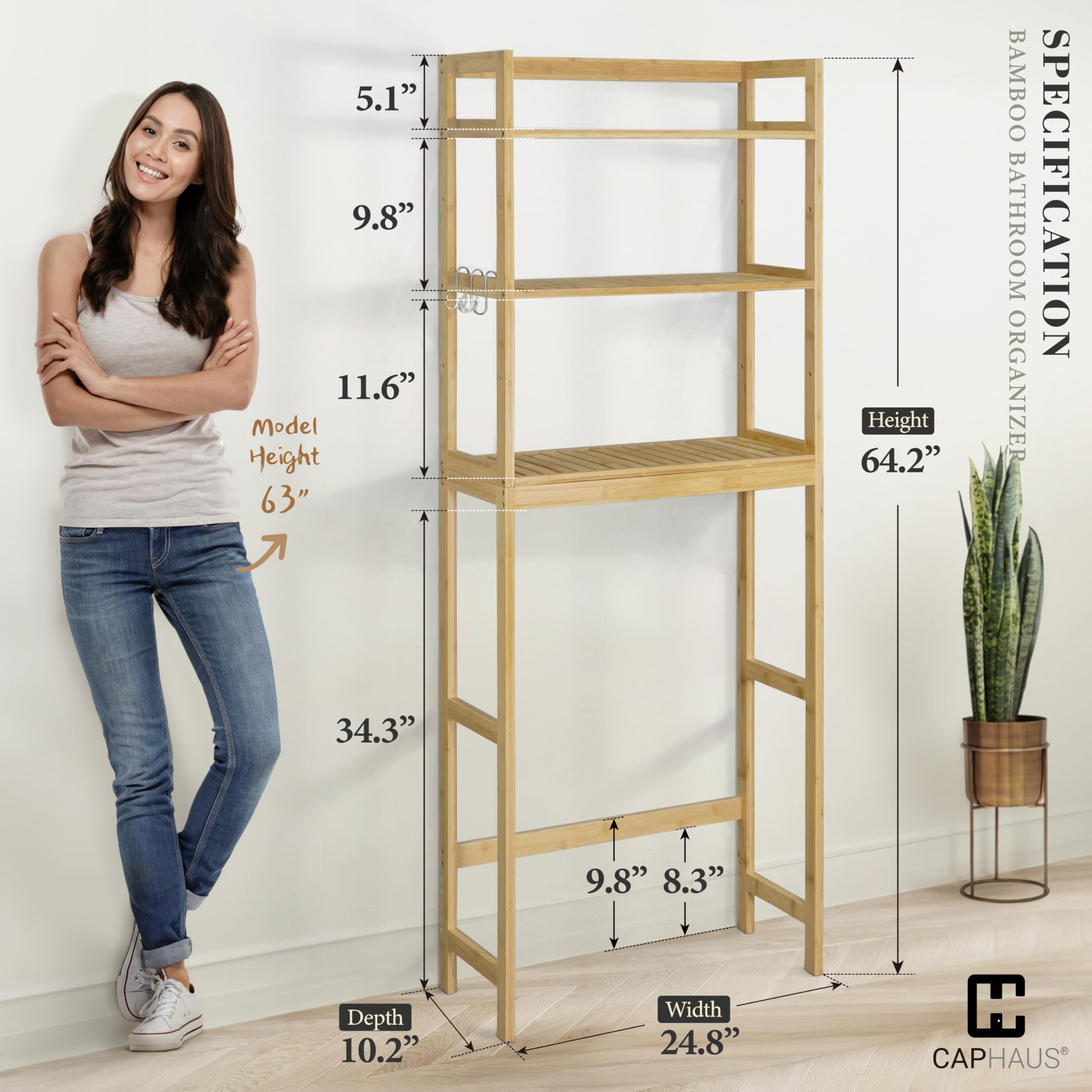 CAPHAUS 24-Inch Bamboo Over The Toilet Storage Shelf with Hooks & Adjustable Feet - Freestanding Bathroom Organizer Rack for Toilet Paper, Towels & Laundry - Perfect for Small Bathrooms, Balcony Plant Display & Home Decor