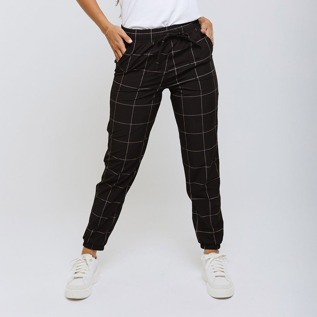 Everywhere Joggers for Men & Women - Stylish Black Windowpane Pattern Comfortable Lounge Pants for Running, Yoga & Casual Wear