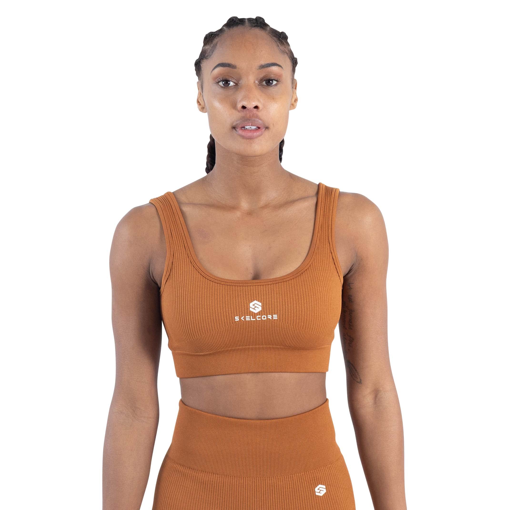 Skelcore Ribbed Seamless Sports Bra - Double Scoop Neckline Workout Top for Yoga, Running & Gym - High Support Crop Tank Top for Women