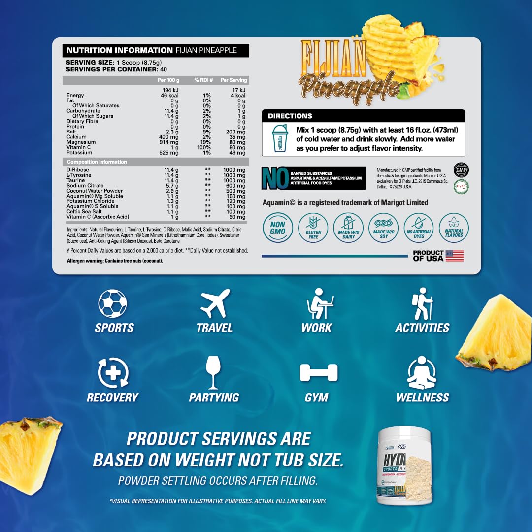 EHP Labs Hydreau Hydration Support Powder - 40 Servings | Electrolyte & Vitamin Supplement for Hydration & Recovery | Perfect for Workouts, Travel & Daily Hydration Needs