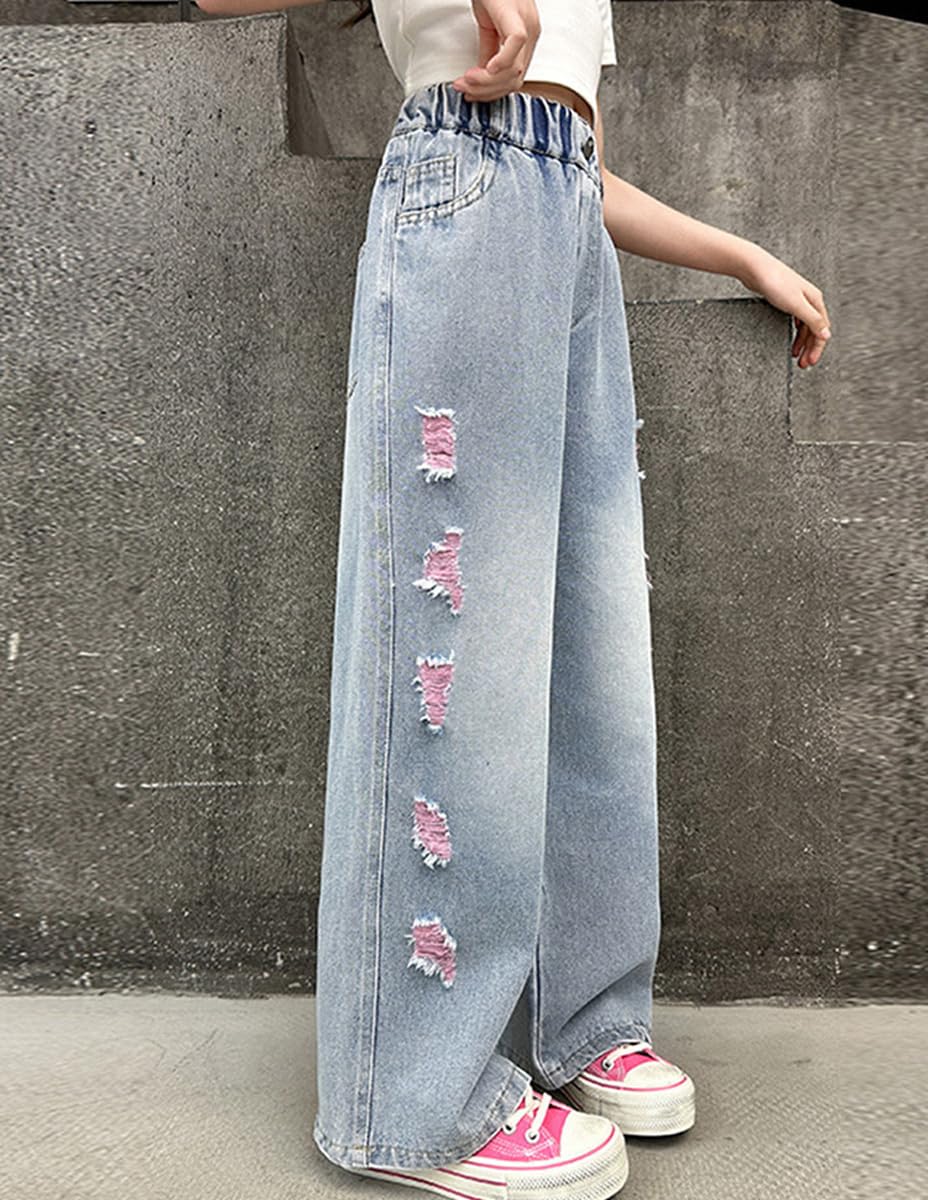 **NABER Girls' Stretch Elastic Waist Ripped Jeans - Distressed Washed Denim Wide Leg Pants for Kids Age 5-15 - Perfect for School, Playdates & Casual Outings**