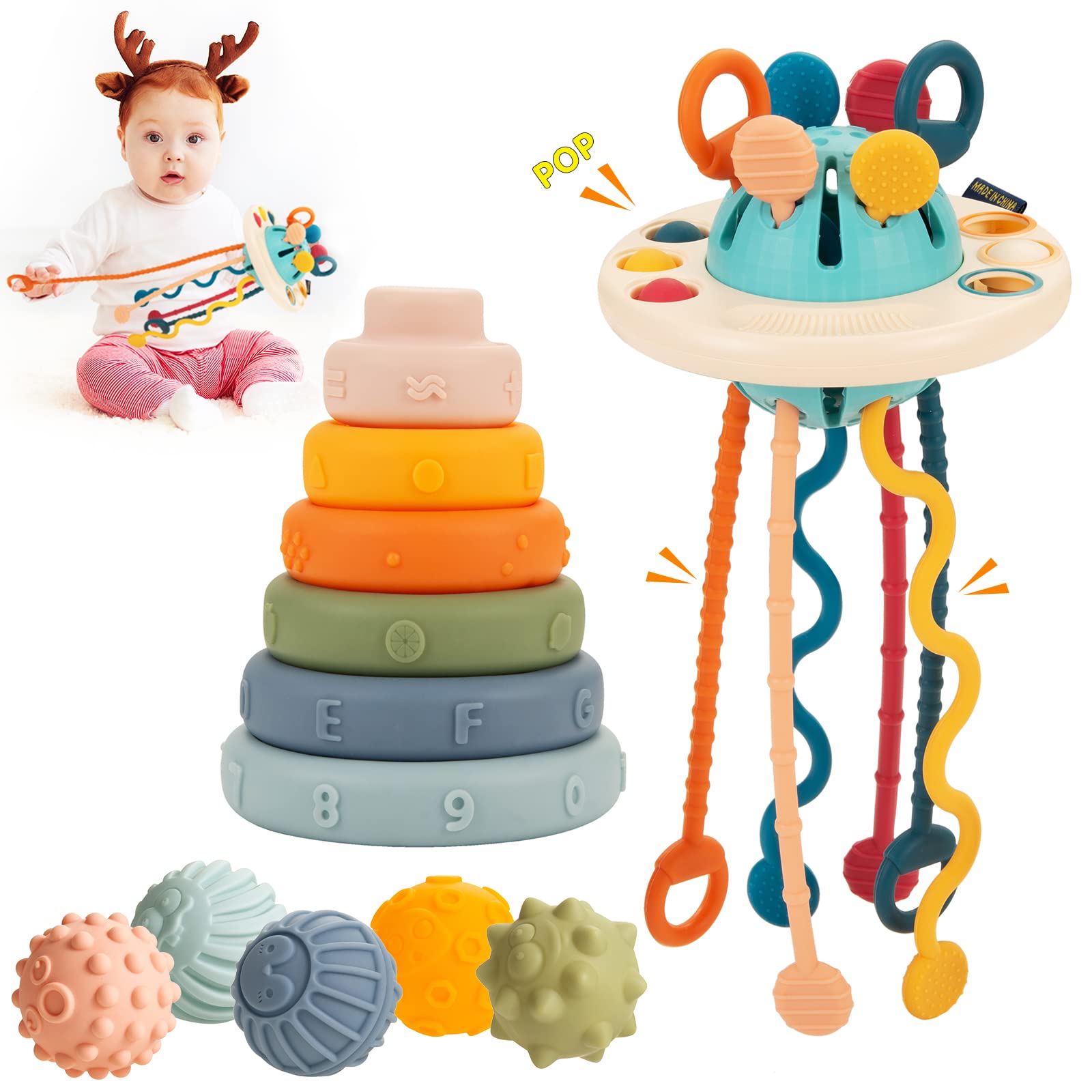 Montessori Baby Toys for 1 Year Old - 3-in-1 Sensory Learning Toy for 6-18 Months | Fine Motor Skills Development | Travel Activity Pull String Toy for Toddlers | Perfect Gift for Baby Boys & Girls | Use at Home, Daycare or On-the-Go