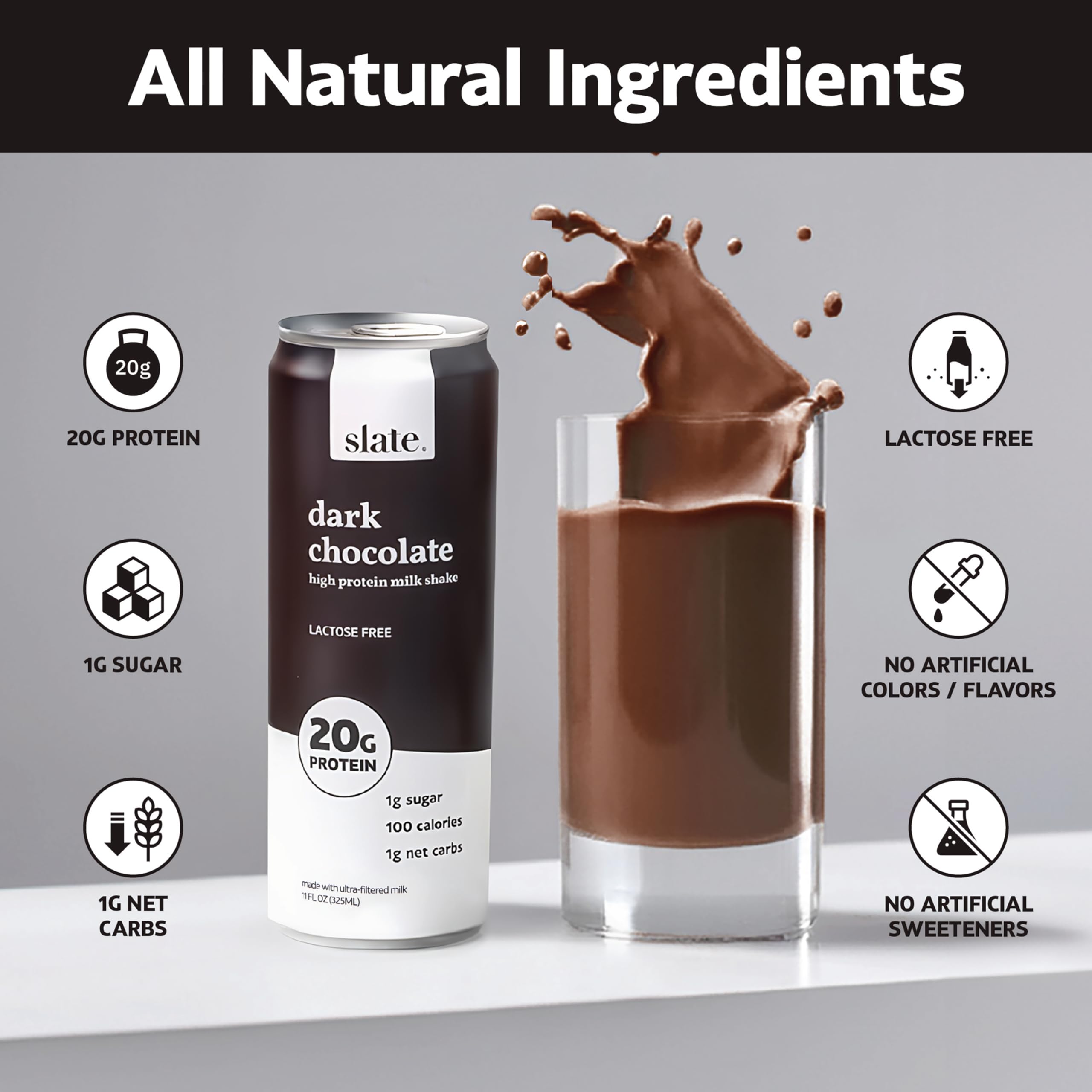 Slate Milk High Protein Shake - Dark Chocolate Flavor, Lactose Free, 20g Protein, 1g Sugar, 100 Calories | Keto Friendly, Low Carb, No Added Sugar | Perfect for Breakfast, Post-Workout Recovery & Healthy Snacking | 11 fl oz (Pack of 48 Cans)