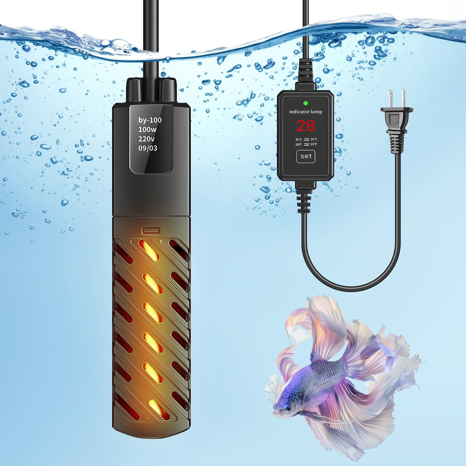 100W Mini Aquarium Heater with Digital LED Controller & Removable Cover - Small Fish Tank Heater for 10-20 Gallon Tanks | Perfect for Home/Office Aquariums, Betta Fish Tanks & Tropical Fish Habitats