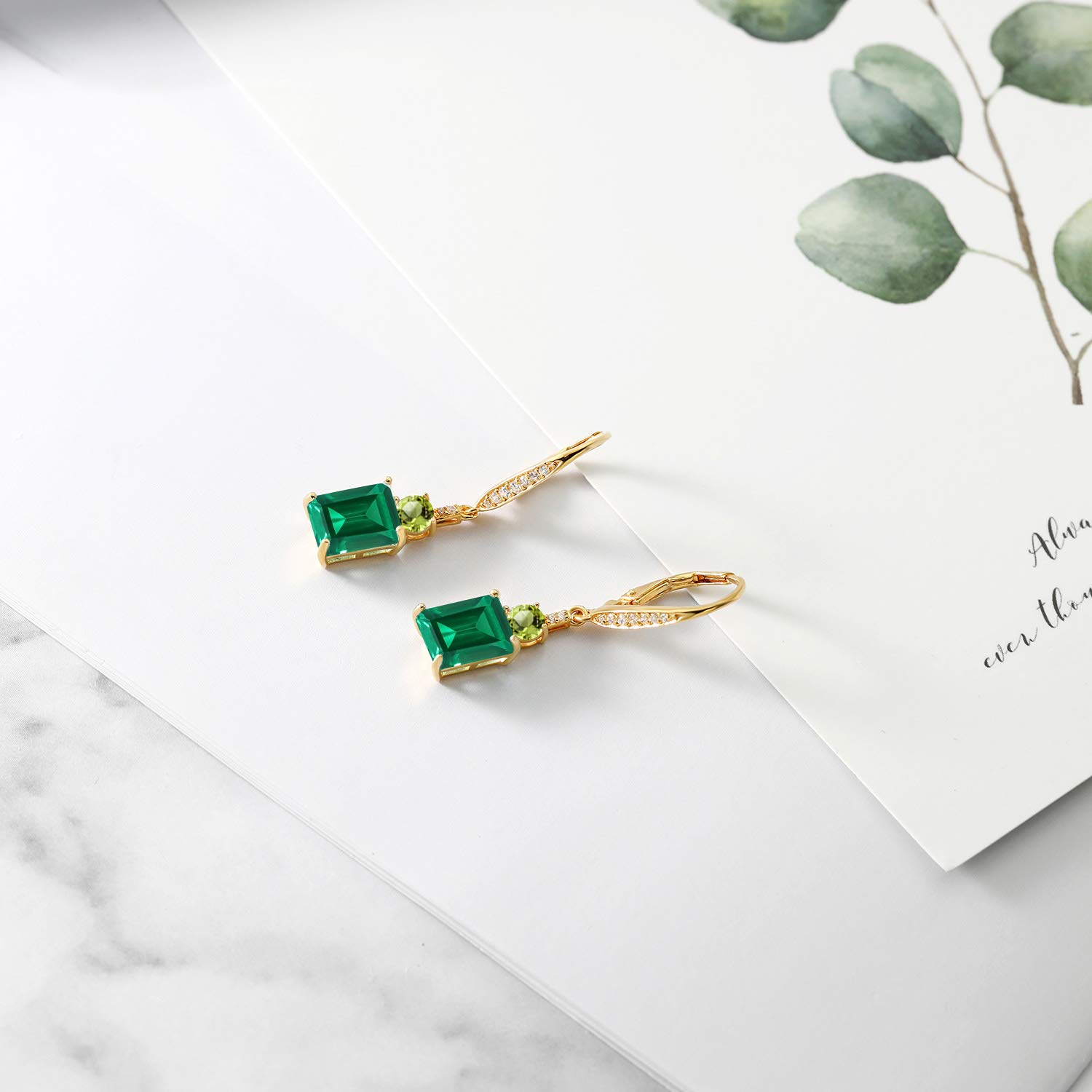 18K Yellow Gold Plated Silver Green Nano Emerald & Peridot Dangle Earrings for Women - 4.60 Cttw, May Birthstone, Emerald Cut 9x7mm - Elegant Jewelry Gift for Mother's Day, Anniversary & Special Occasions