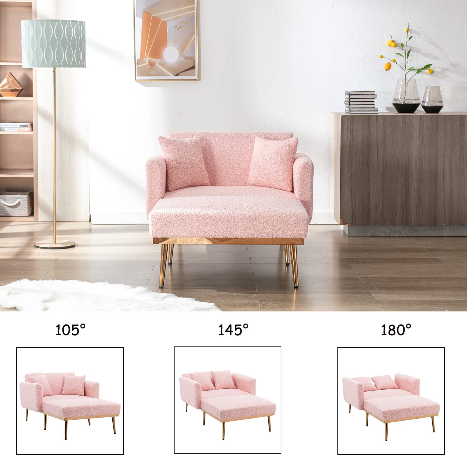 Teddy Fabric Chaise Lounge Chair - 3 Adjustable Angles, Converts to Bed with 2 Pillows, Tufted Sleeper Chair for Bedroom & Living Room (Pink) | Perfect for Relaxing, Reading & Napping