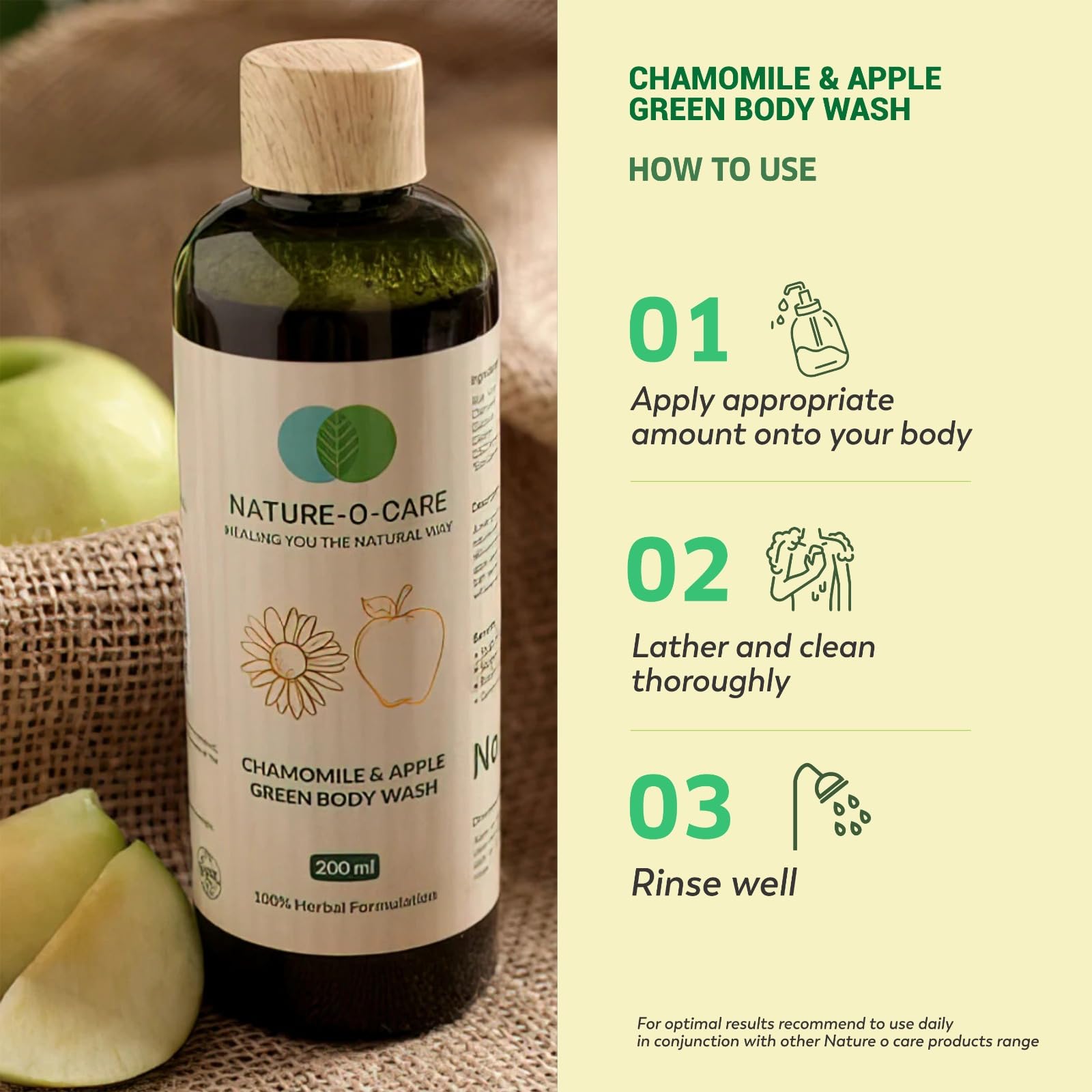 Nature-O-Care Chamomile & Apple Green Herbal Body Wash - 200ml | Natural Ayurvedic Body Wash for Women & Men | 96.8% Plant-Based Ingredients | Moisturizing & Soothing for Daily Shower & Bath Relaxation