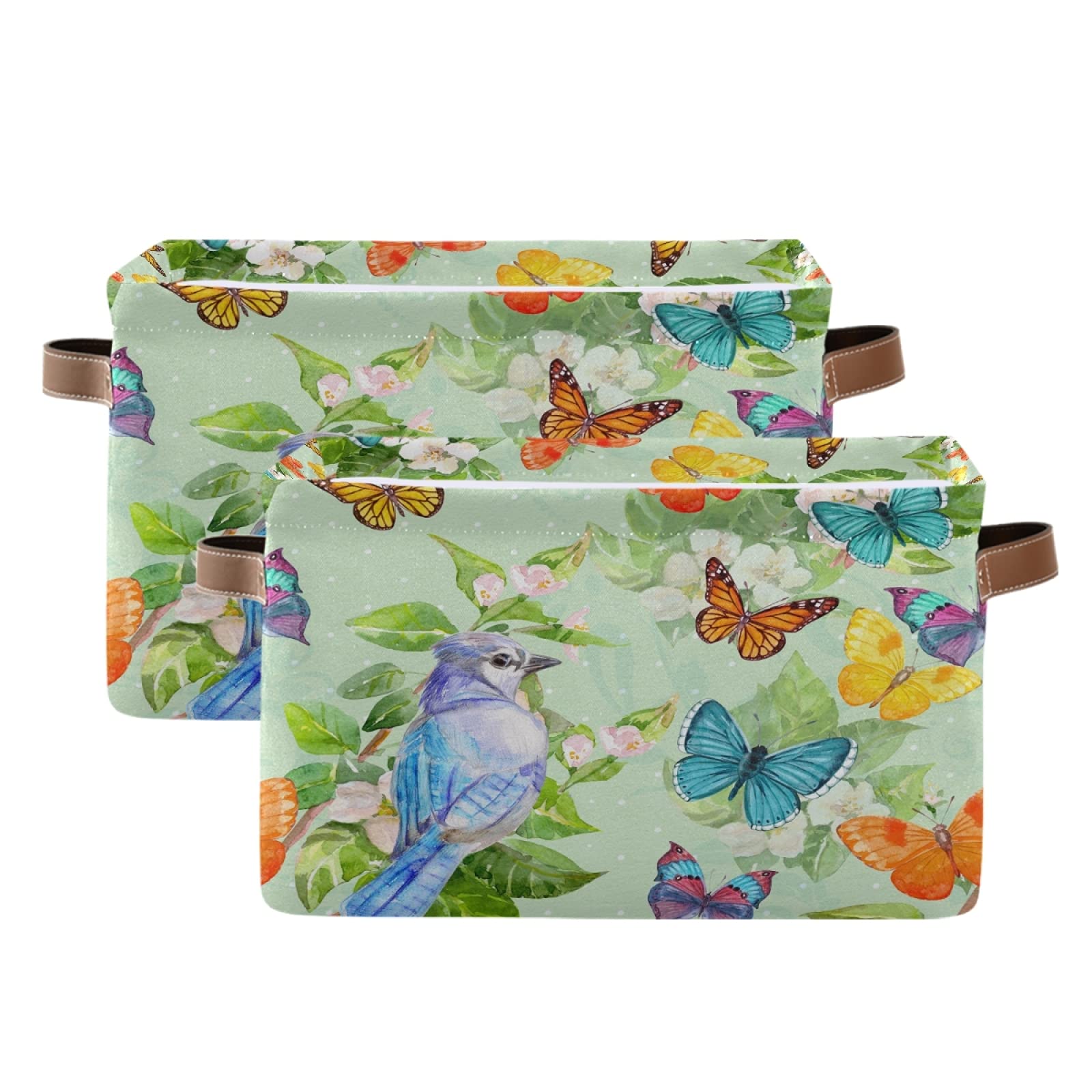 Collapsible Storage Basket with PU Handles - Waterproof Nursery & Laundry Organizer (2 Pack) | Butterfly & Bird Design in Turquoise | Perfect for Baby Rooms, Bathrooms & Closet Organization