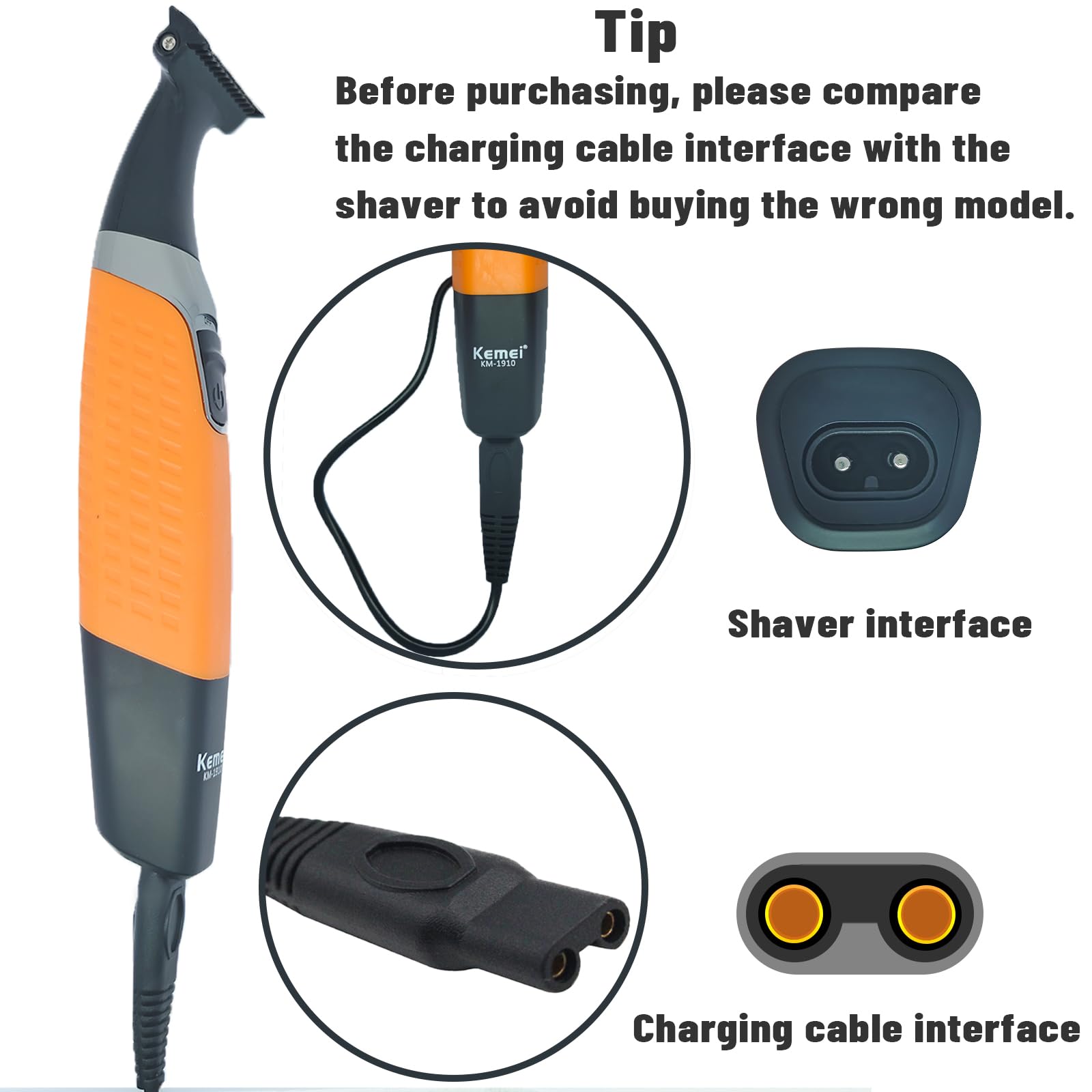 KEMEI KM-1910 Electric Shaver Replacement Charger Cord - 5V USB Power Cable with Cleaning Brush for Beard Trimmer & Electric Razor | Perfect for Travel, Home & Salon Use