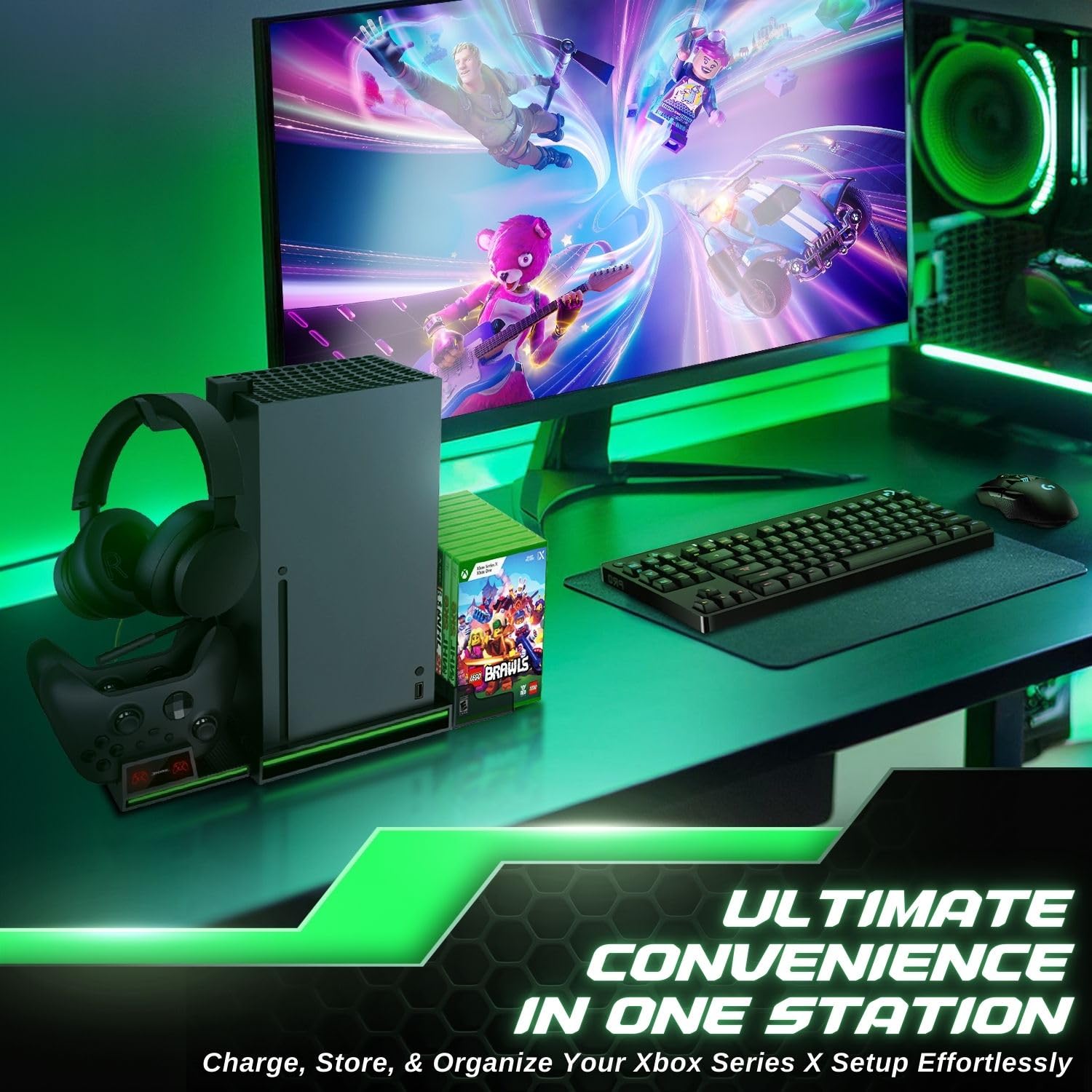 TNP Vertical Stand for Xbox Series X - Charging Station with 2 Rechargeable 300mAh Batteries, 10 Game Slots & Headset Hook - Perfect for Gaming Setup & Organized Storage