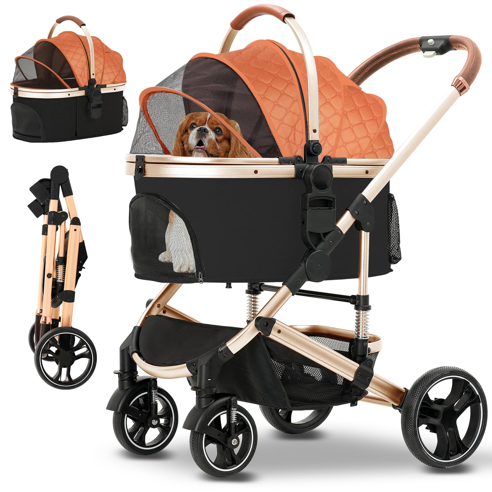 Premium 3-in-1 Folding Lightweight Pet Stroller with Detachable Carrier & Storage Basket - 4-Wheel Travel Stroller for Dogs, Puppies & Cats (Brown) | Perfect for Park Walks, Vet Visits & Shopping Trips