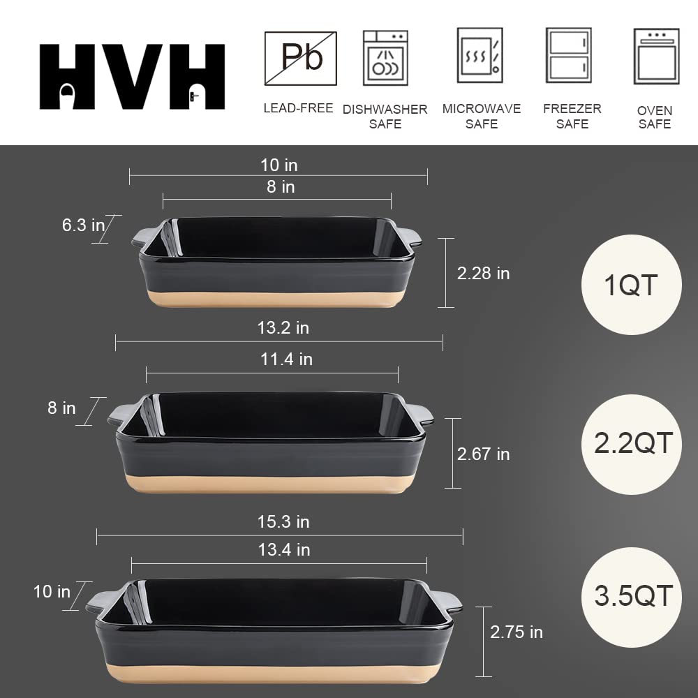 HVH 3-Piece Ceramic Baking Dish Set - 9x13 Inch Deep Lasagna Pan, Large Casserole Dish & Farmhouse Style Bakeware for Oven, Microwave & Dishwasher Safe - Perfect for Lasagna, Casseroles, Roasts & Family Dinners (Black)