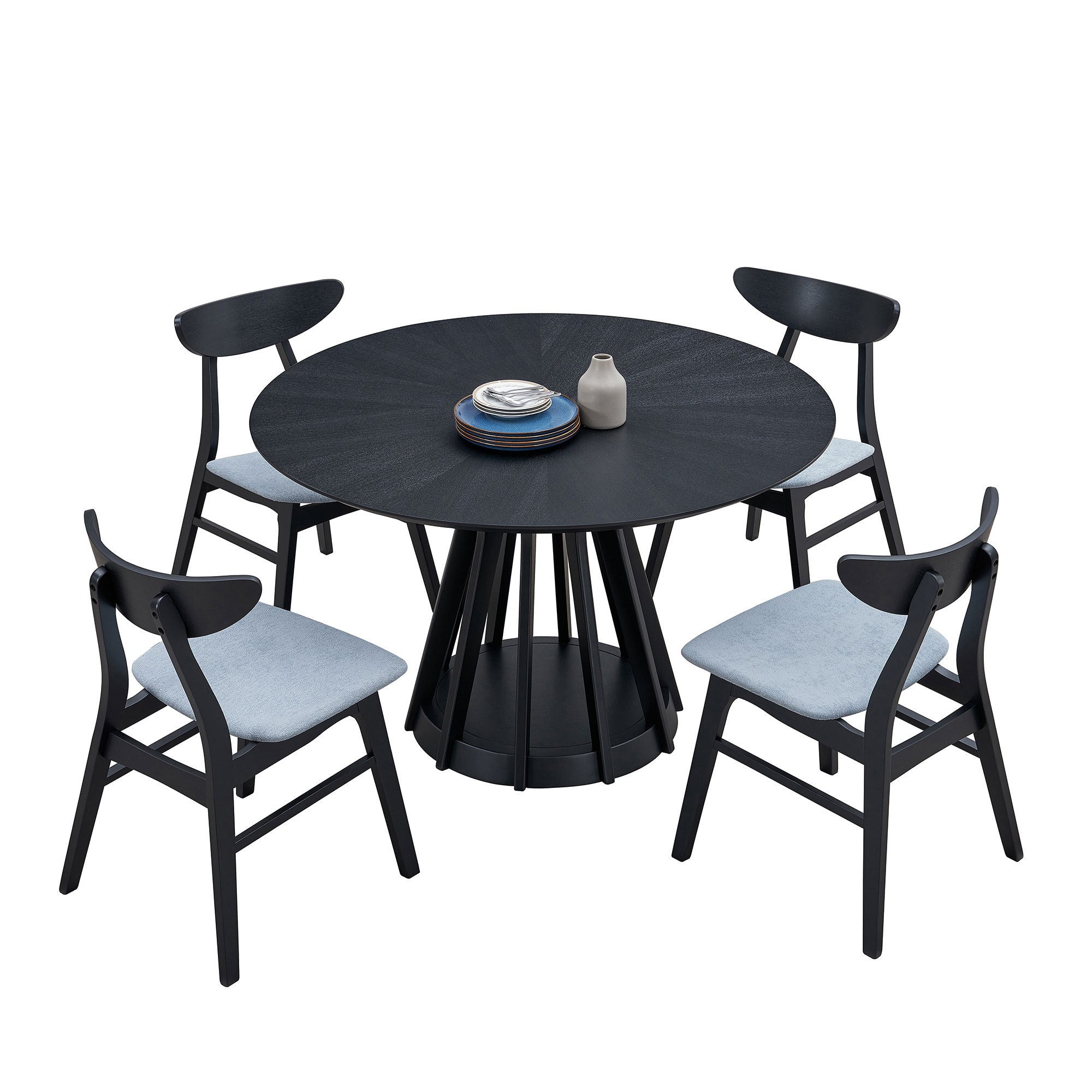 Modern 5-Piece Wooden Dining Table Set with Upholstered Chairs - Round Kitchen Table & 4 Chairs for Living Room, Restaurant - Sturdy Black Furniture Set for Family Dinners & Entertaining Guests