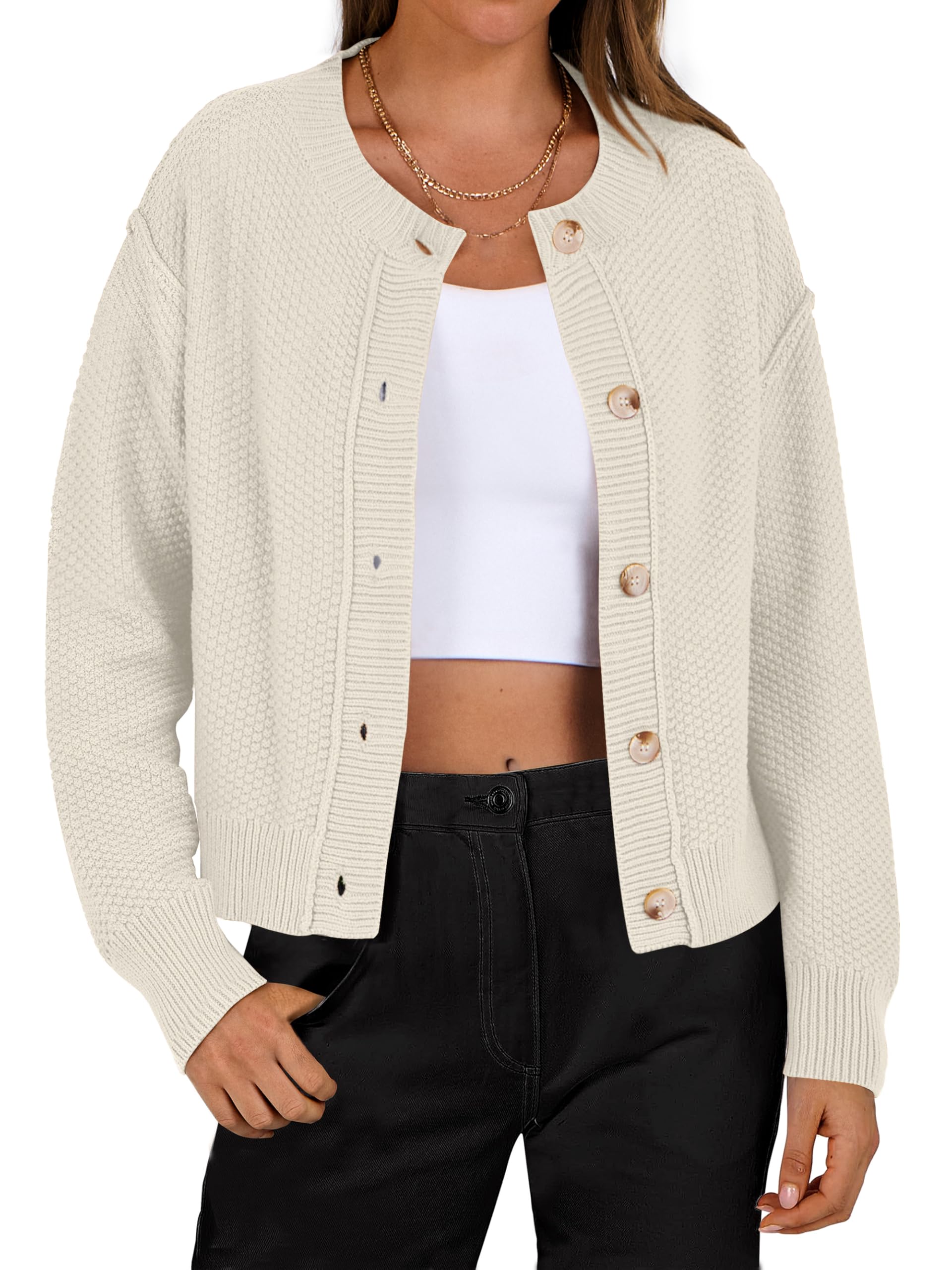 ANRABESS Women's Lightweight Cropped Cardigan Sweater - 2024 Fall Winter Knit Waffle Button Up Jacket Coat for Women | Casual Office Wear, Layering Piece, Cold Weather Fashion