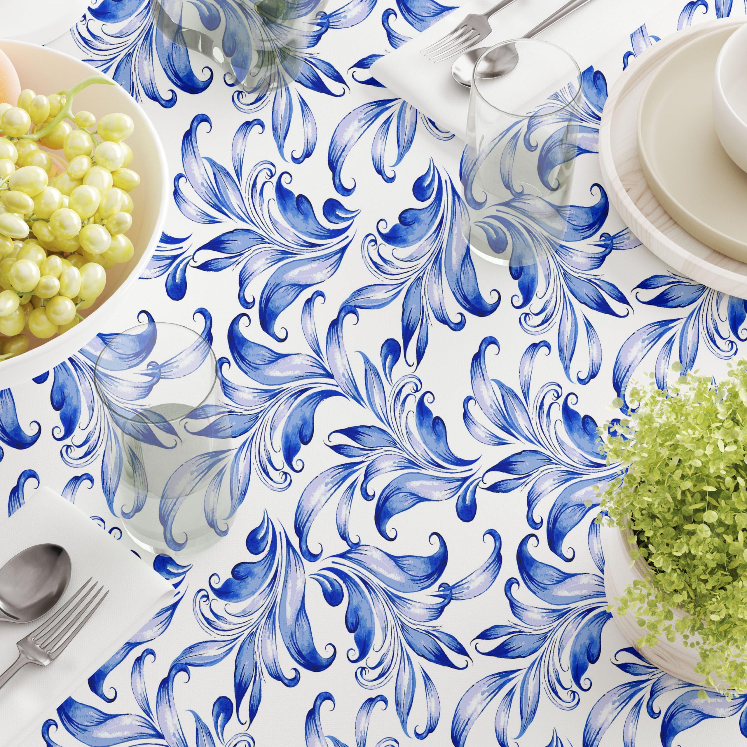 Blue Traditional Leaves Round Tablecloth 108