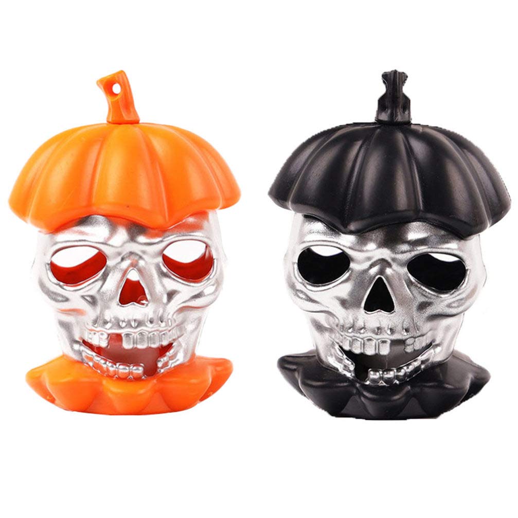 BESPORTBLE Halloween LED Night Light Bulbs - 2 Pack Colorful Pumpkin Skull Head Hanging Lantern for Outdoor Party Decor, Home, Garden & Halloween Decoration (Black Orange) - Perfect for Spooky Atmosphere & Nighttime Ambiance